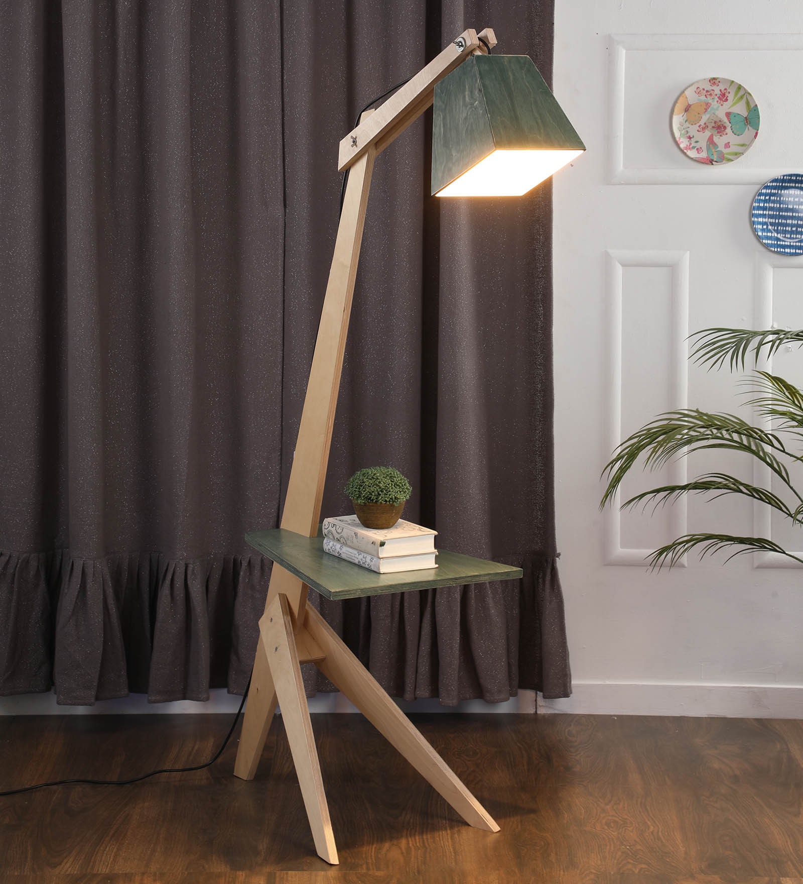 Green Wood Shade Floor Lamp with Brown Base