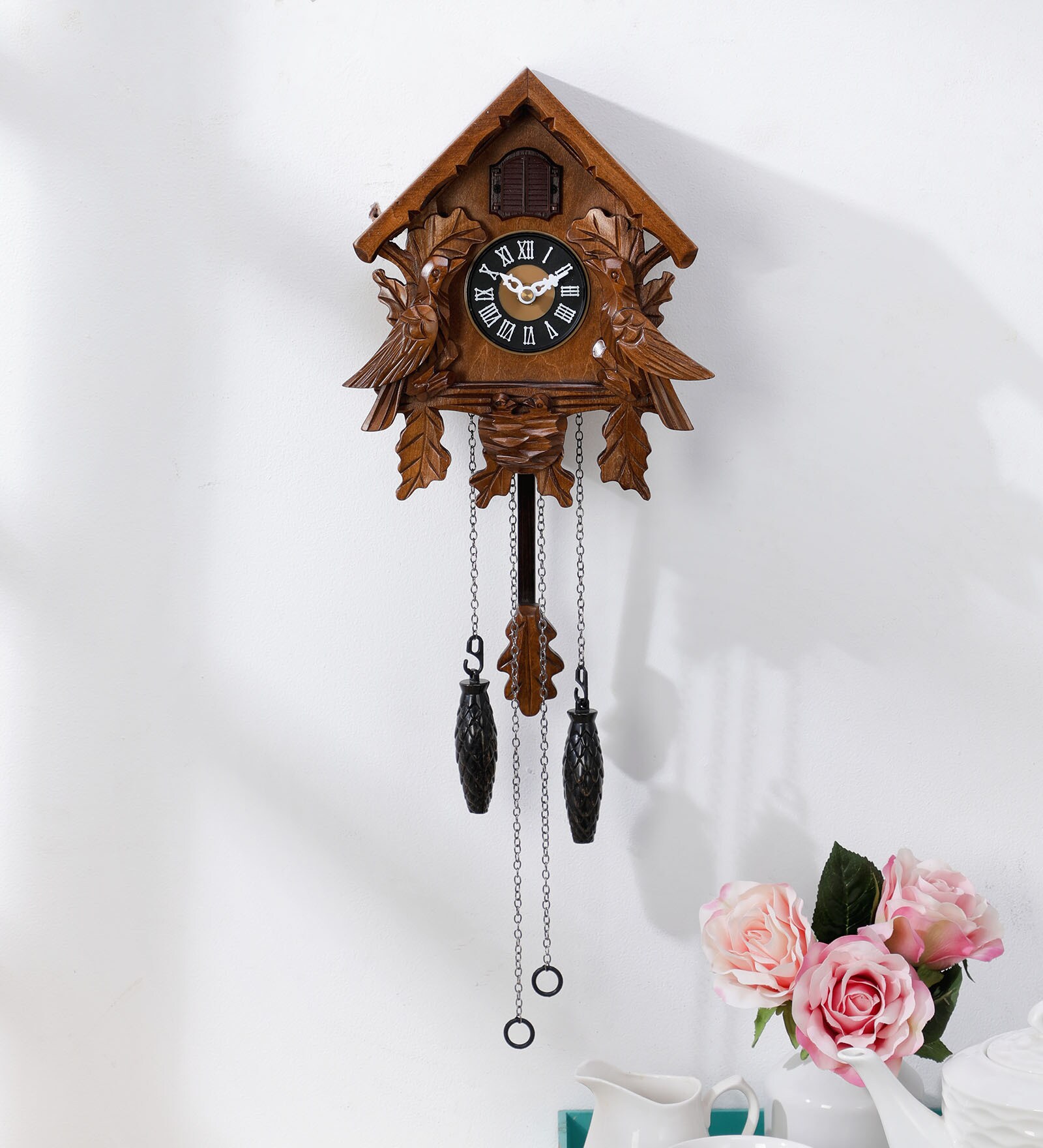 Brown Wood Single Bird and Pendulum Hut Shape Cuckoo Clock