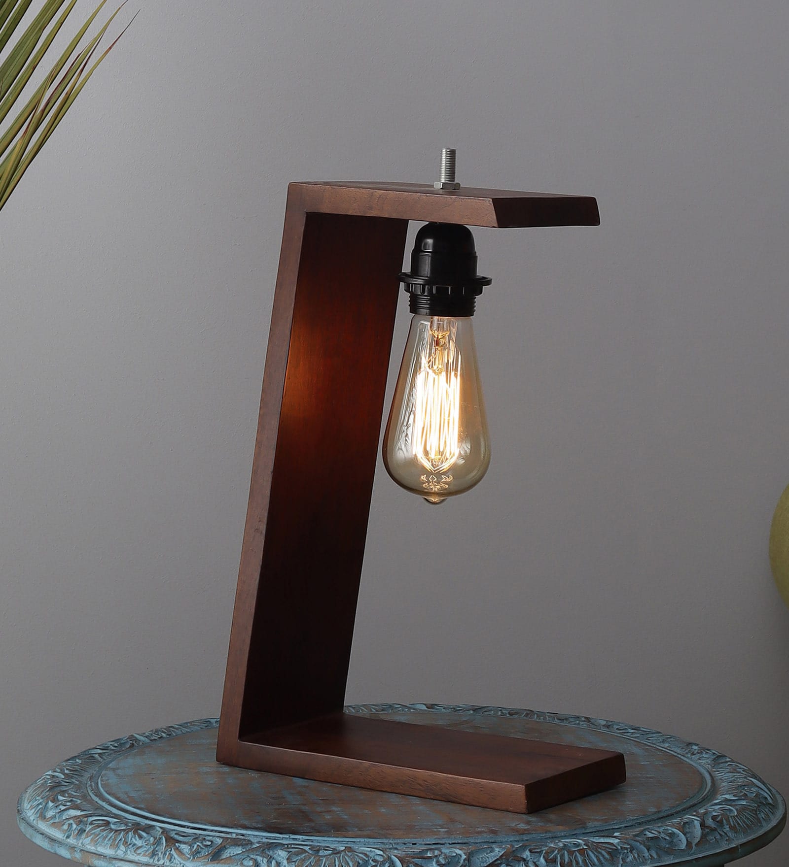 Thin Minimilistic Brown Shade Table Lamp with Wood Base