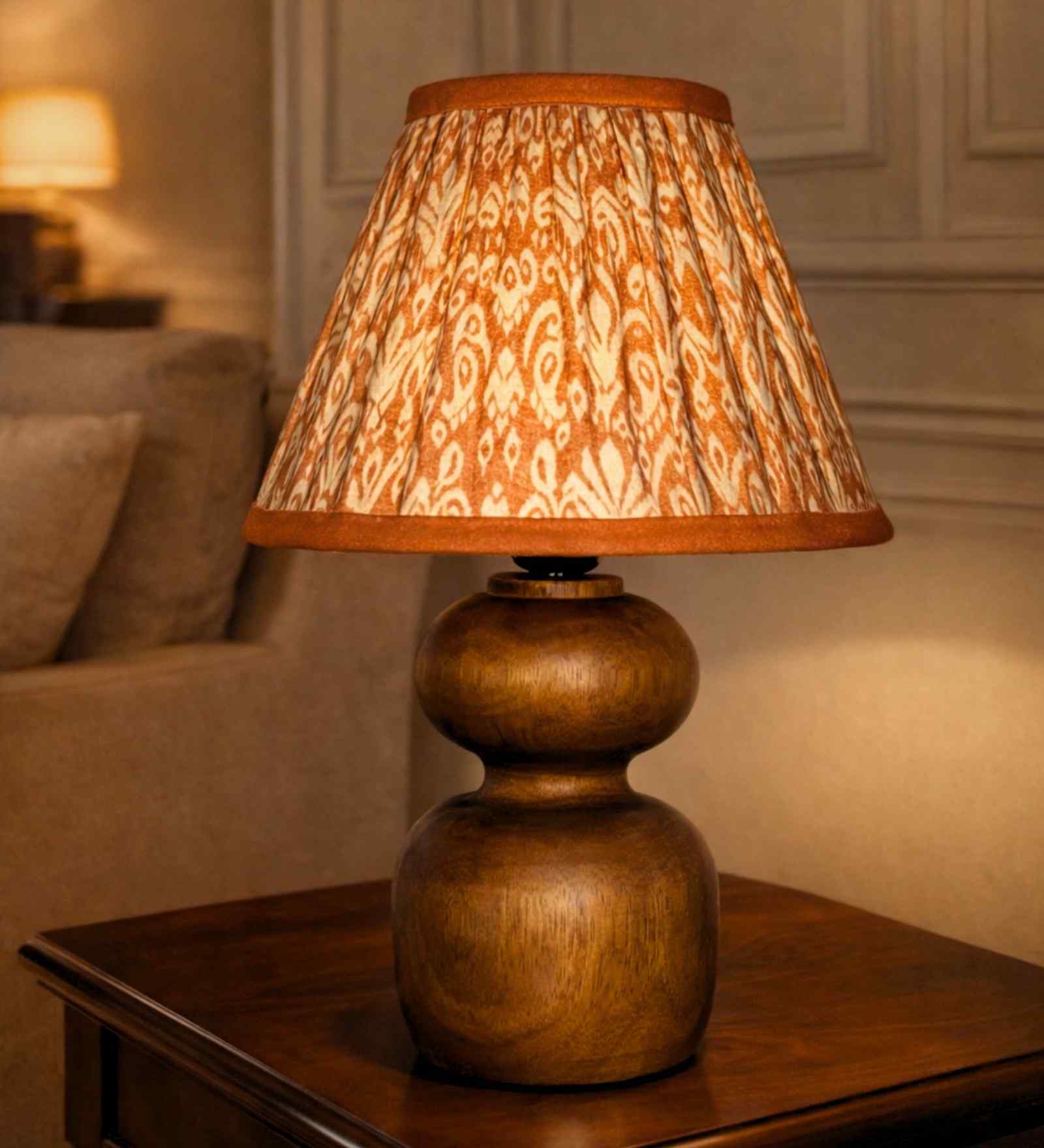 Brown Wooden Base Lamp with Orange Pattern Shade
