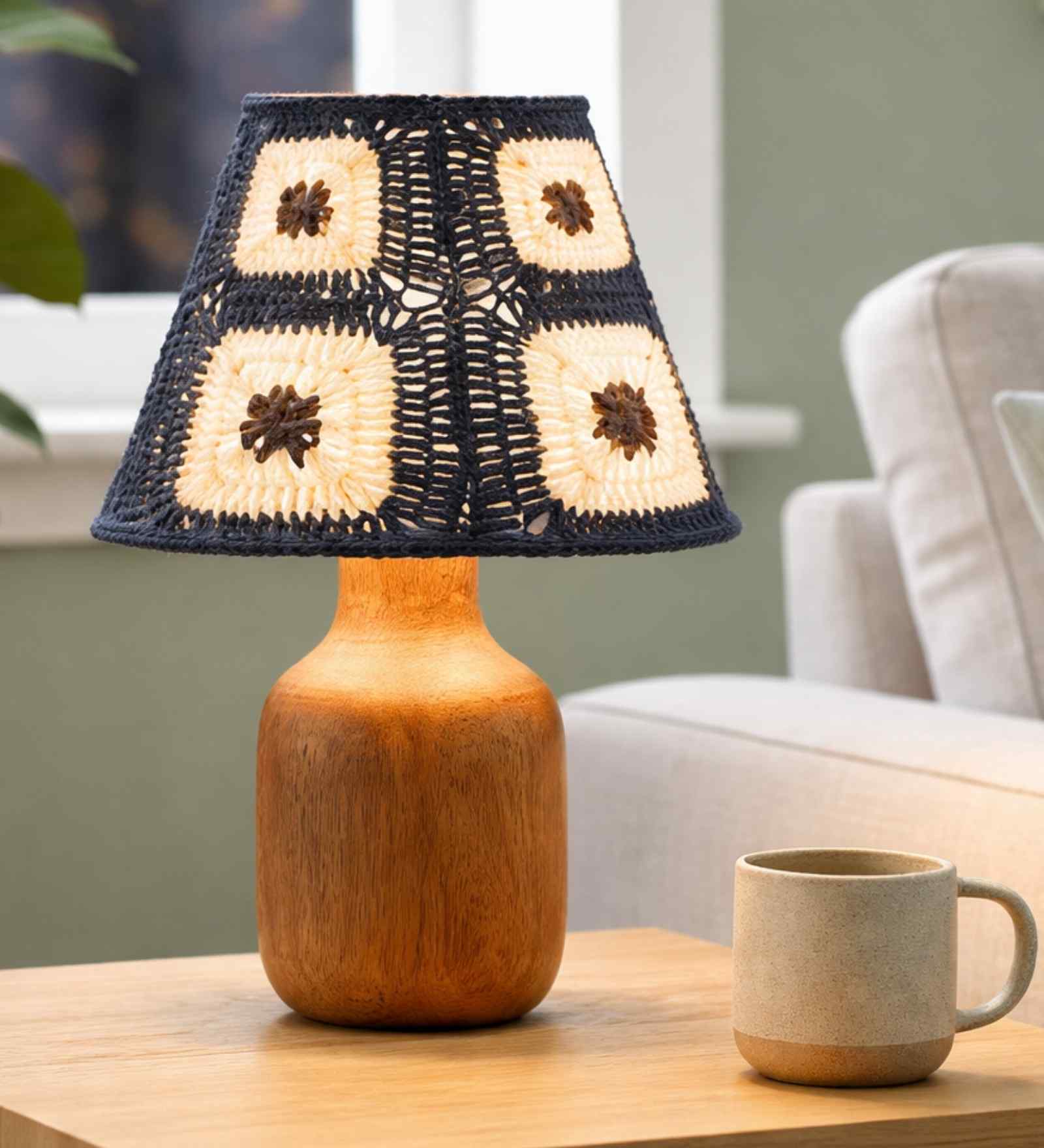Brown Wooden Base Table Lamp with Floral Crochet Shade