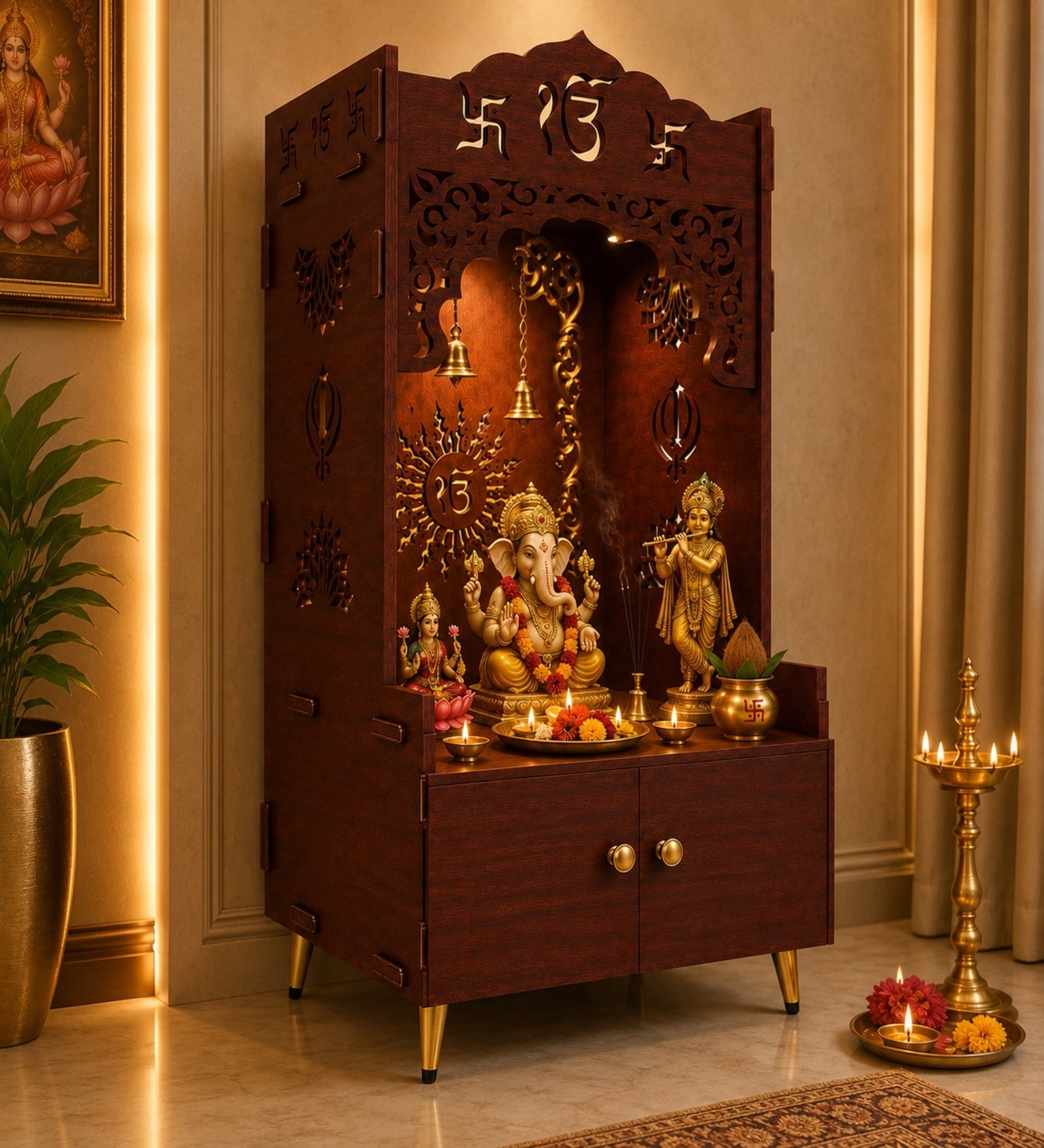 Brown Wooden Floor Pooja Mandir with Ik Onkar & Swastik Design Laser-Cut Bell Motifs Storage Cabinet & Ornate Arch