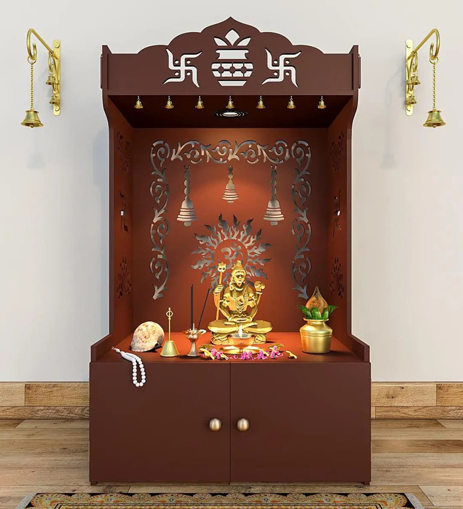 Brown Wooden Floor Pooja Mandir with Kalash & Om Design Laser-Cut Bell Motifs & Storage Cabinet
