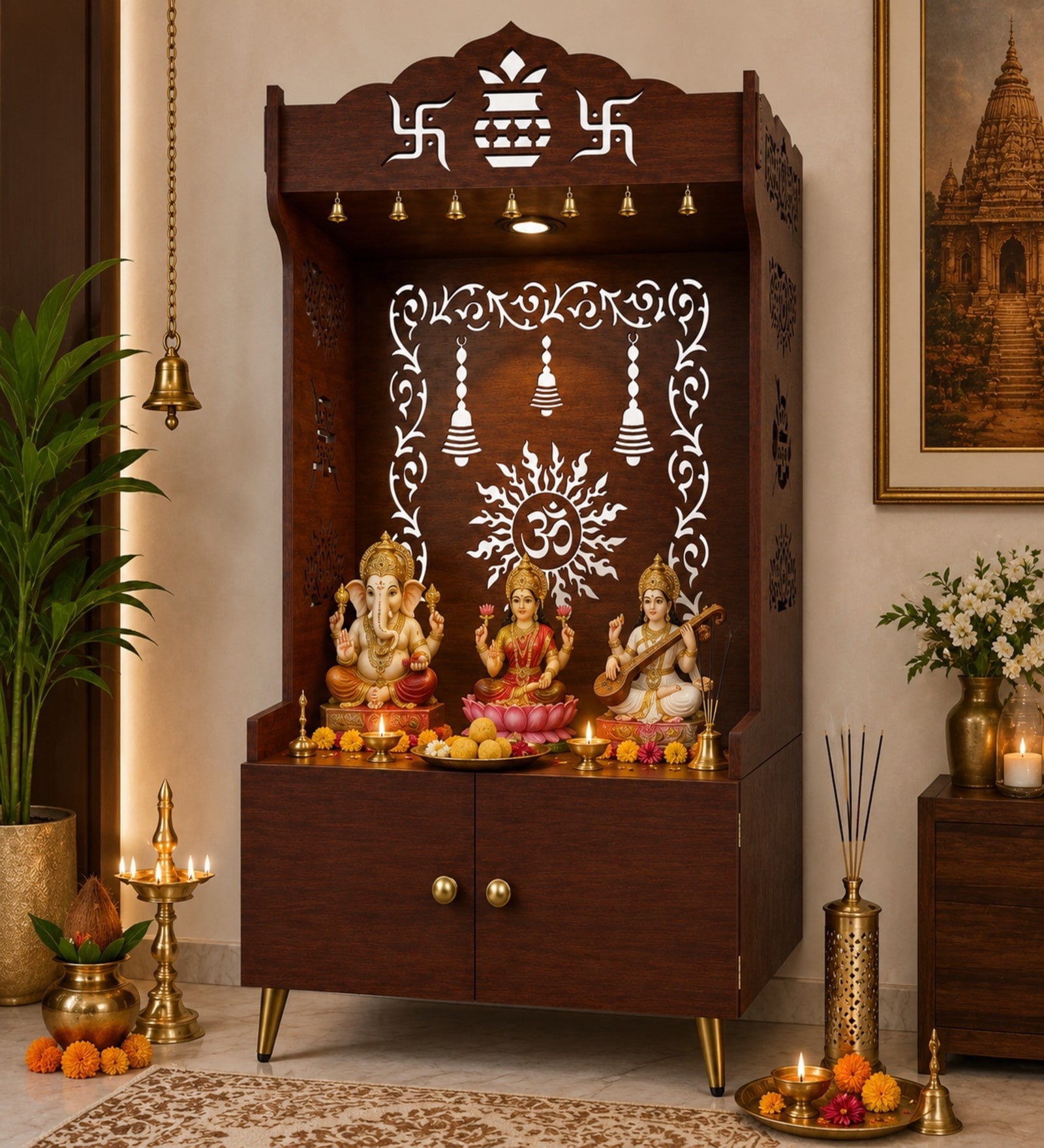 Brown Wooden Floor Pooja Mandir with Kalash & Om Design Laser-Cut Bell Motifs & Storage Cabinet