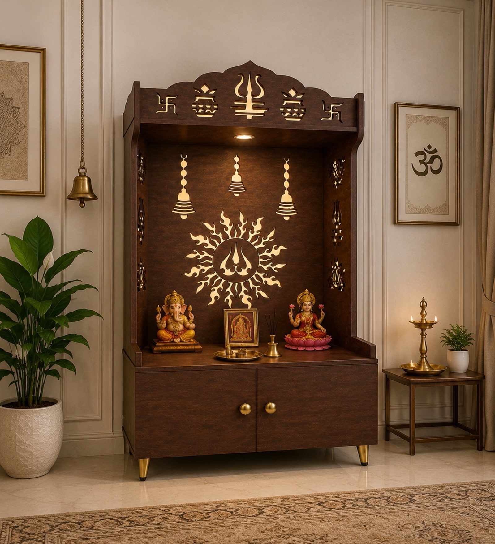 Brown Wooden Floor Pooja Mandir with Trishul & Kalash Design Laser-Cut Bell & Sun Motif Back Panel & Storage Cabinet