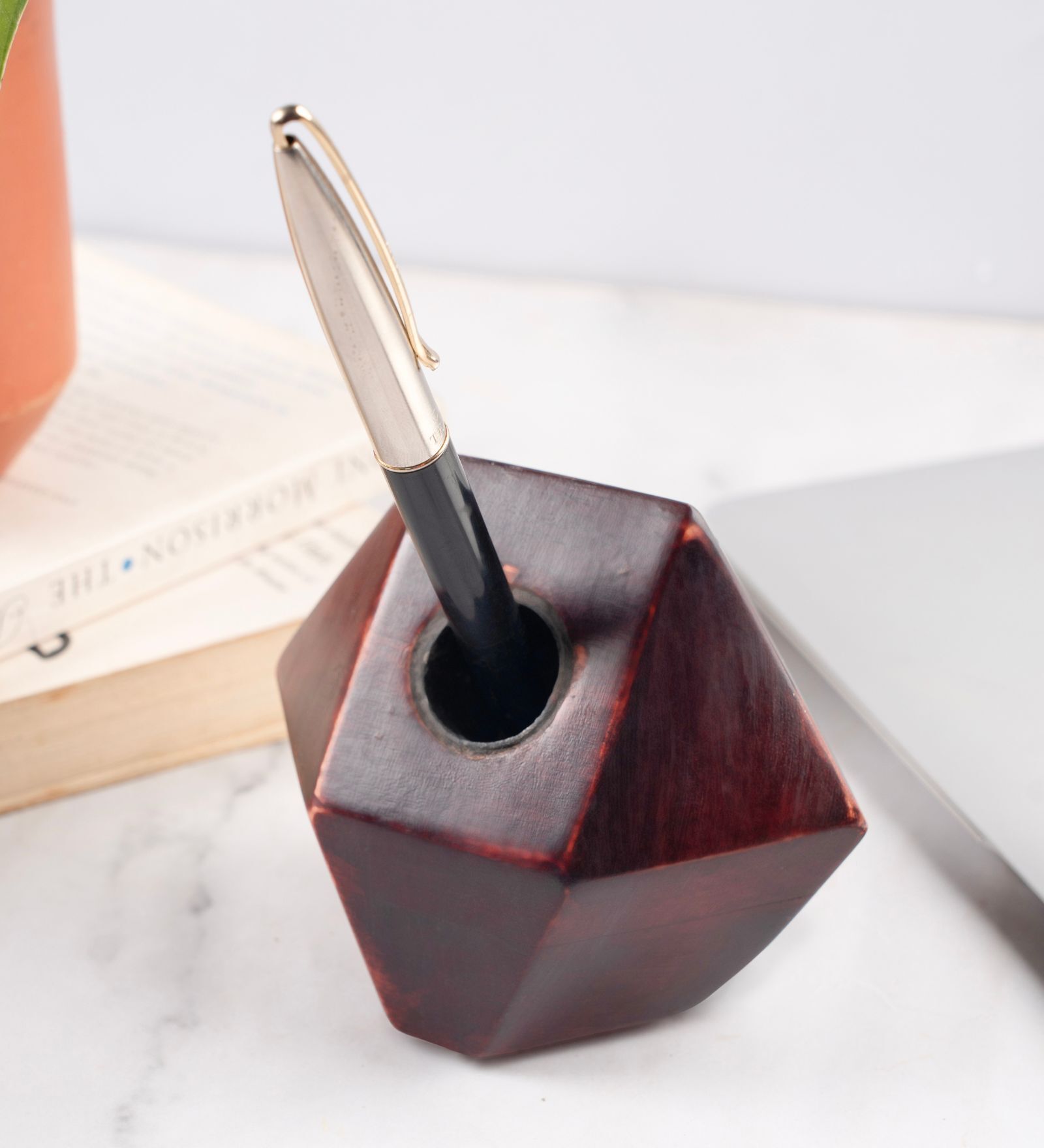 Brown Wooden Geometric Pen Holder