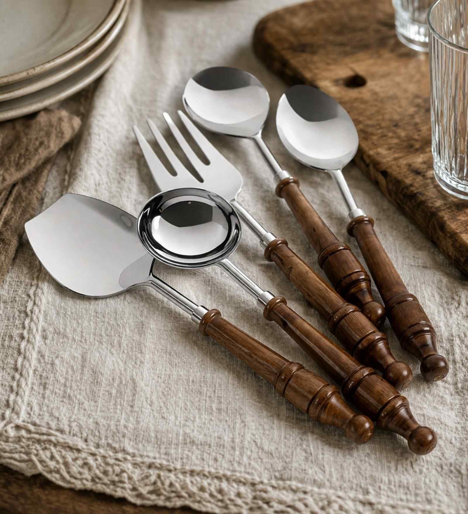 Brown Wooden Handle Stainless Steel 5 Pc Serving Spoons Set