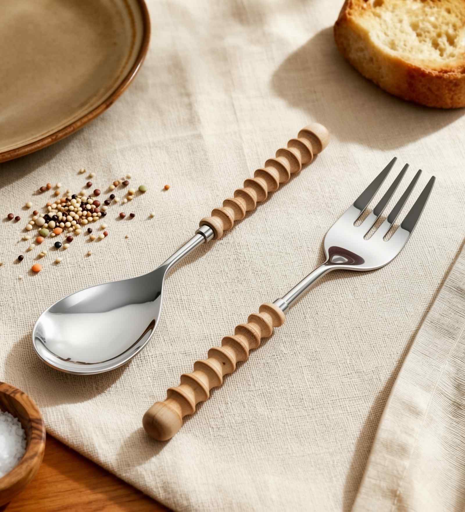 Brown Wooden Handle Stainless Steel Serving Spoons Set Of 2