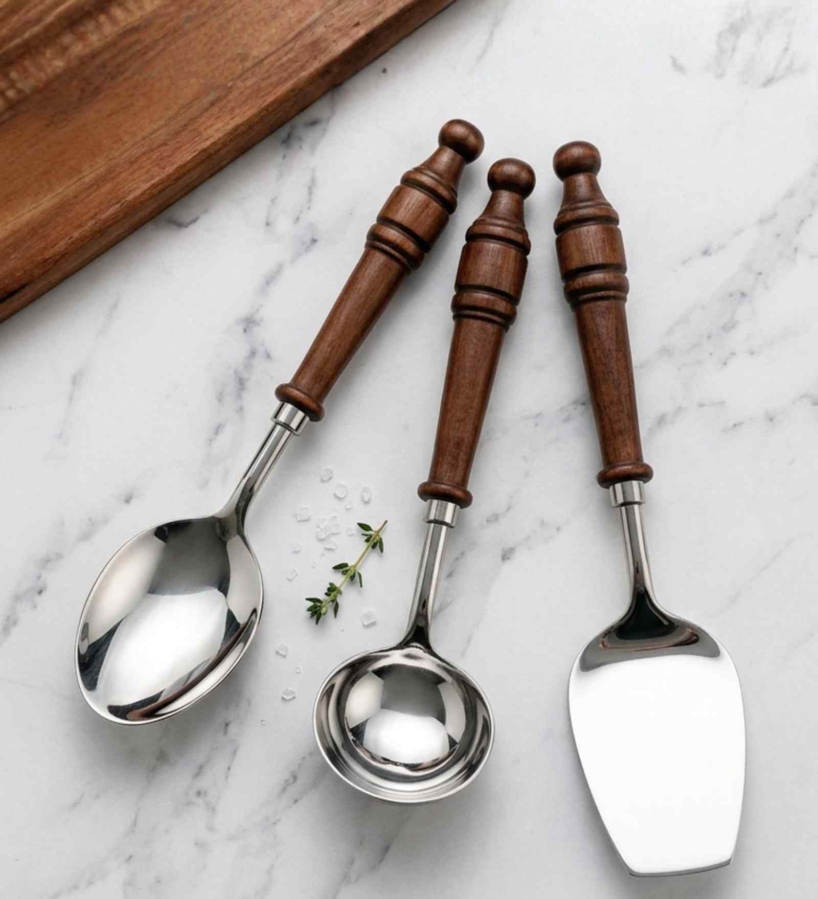 Brown Wooden Handle Stainless Steel Serving Spoons Set Of 3