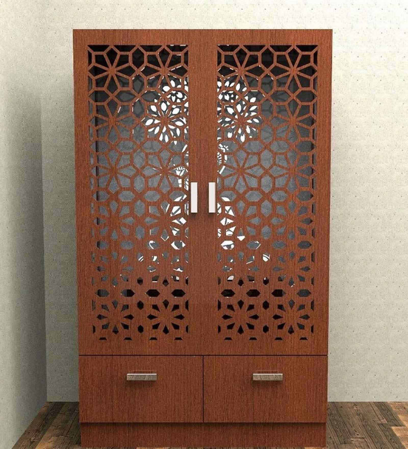 Brown Wooden Mandir for Home with Backlit Krishna and Peacocks