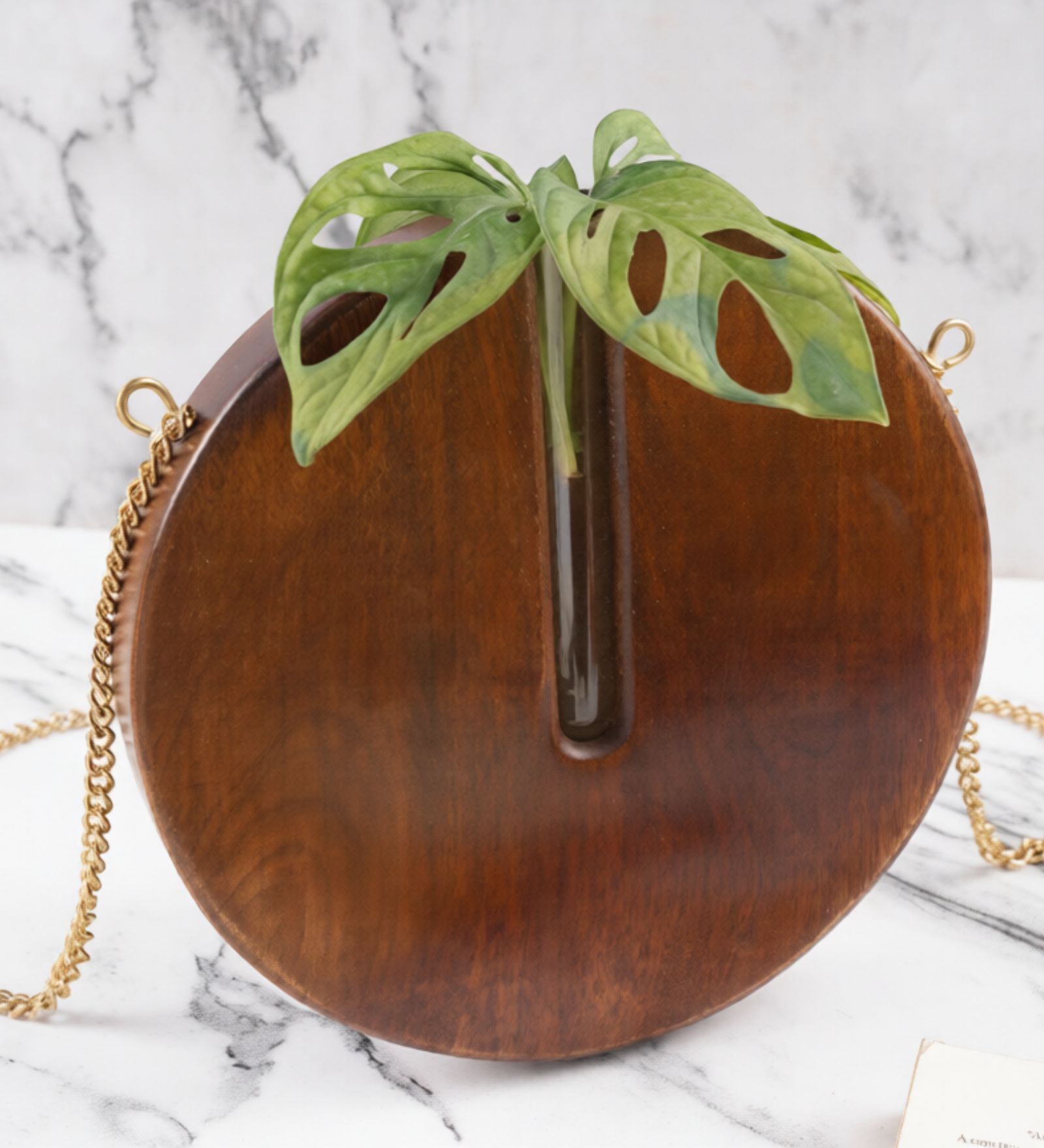 Brown Wooden Round Hanging Planter With Glass Tube & Sling Chain