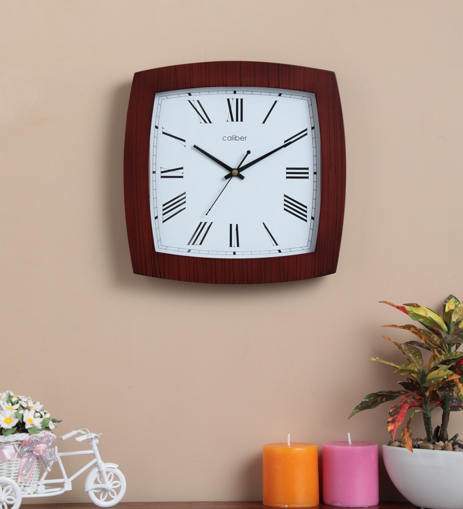 Brown Wooden Square Shape Clock with Bold Roman Figures Dial