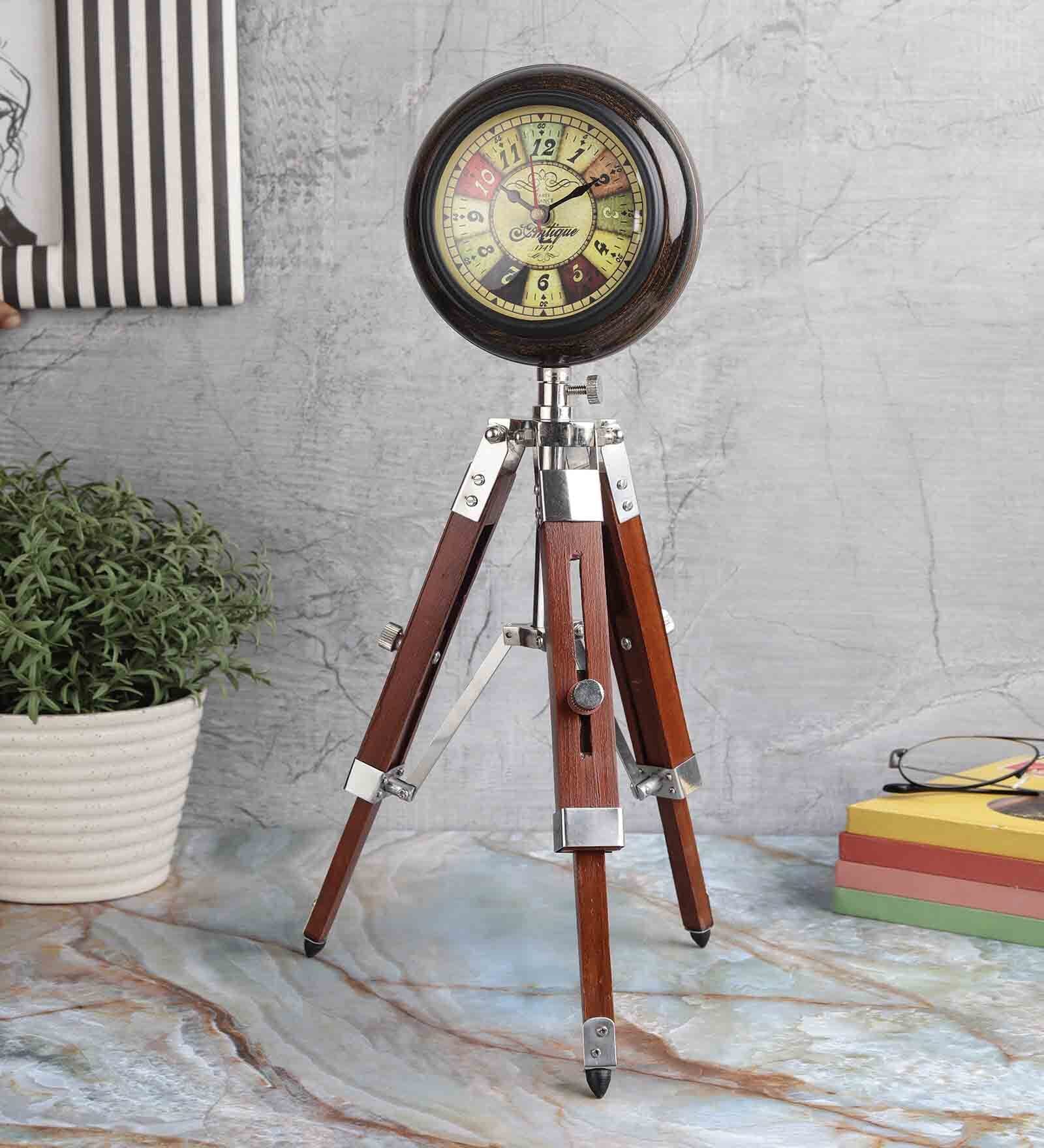 Tripod Stand Vintage Brown Wooden Table Clock