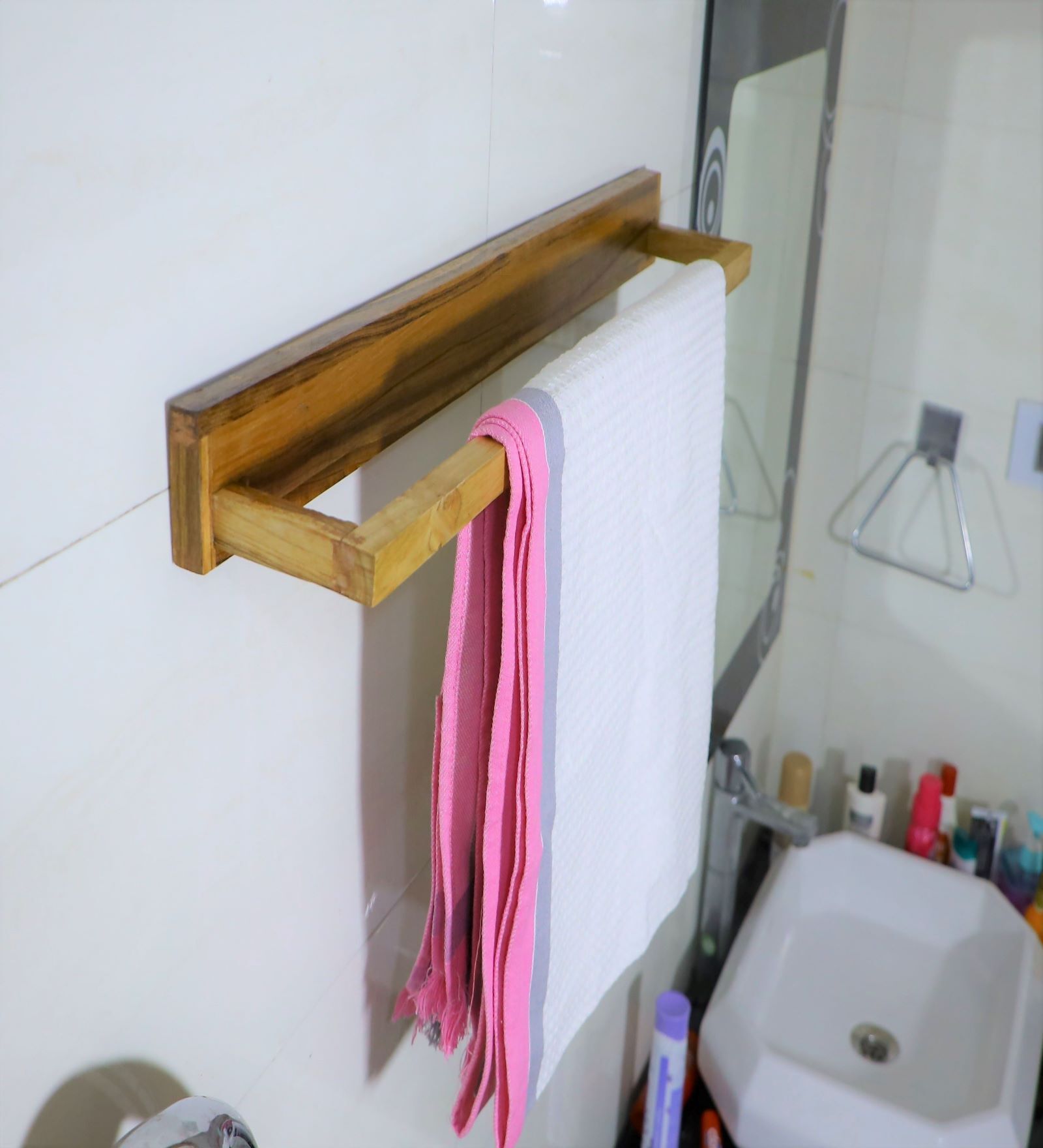 Brown Wooden Towel Hanger For Bathroom