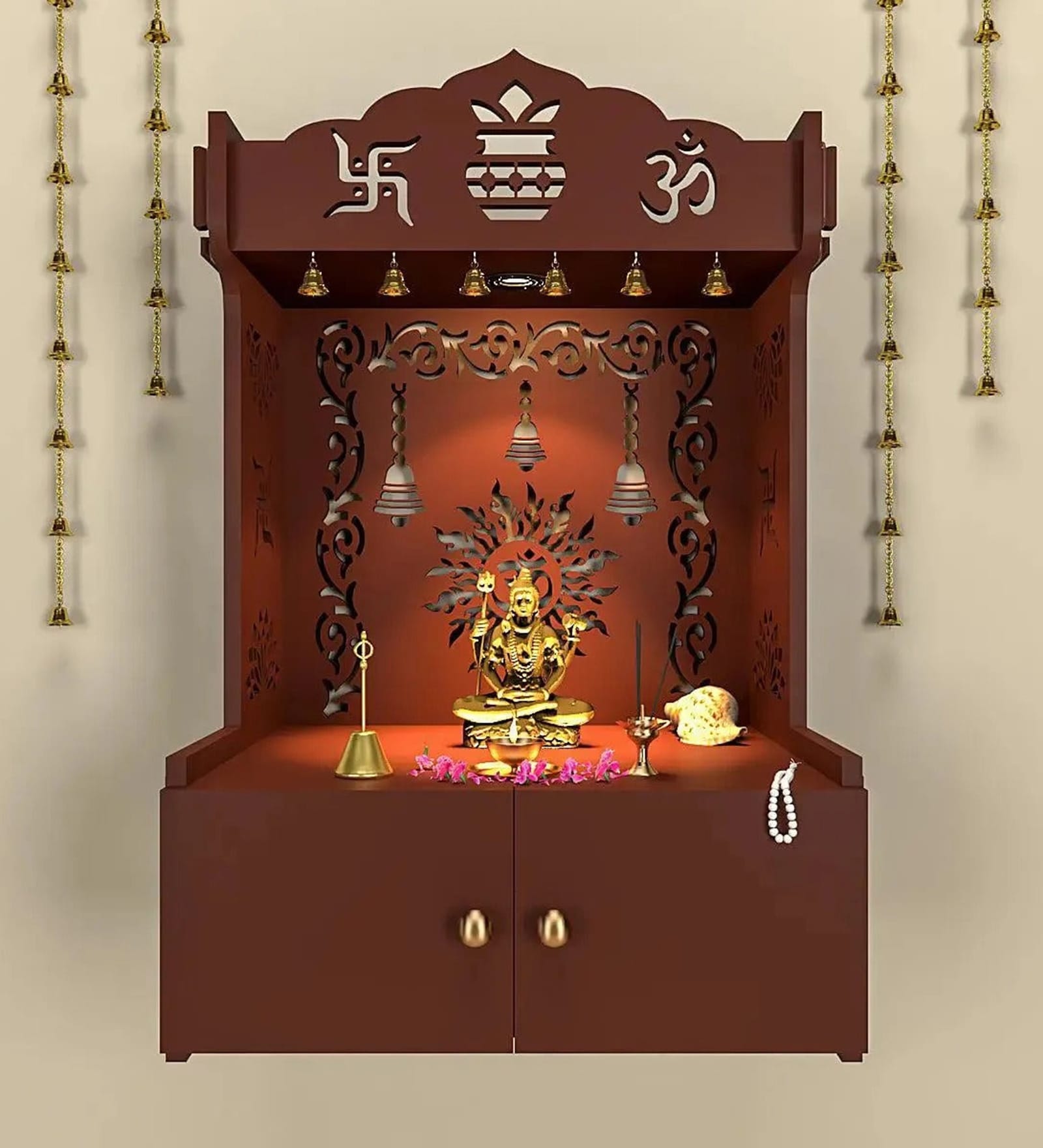 Brown Wooden Wall Mounted Temple with Om-Swastik Carving Pooja Mandir for Home