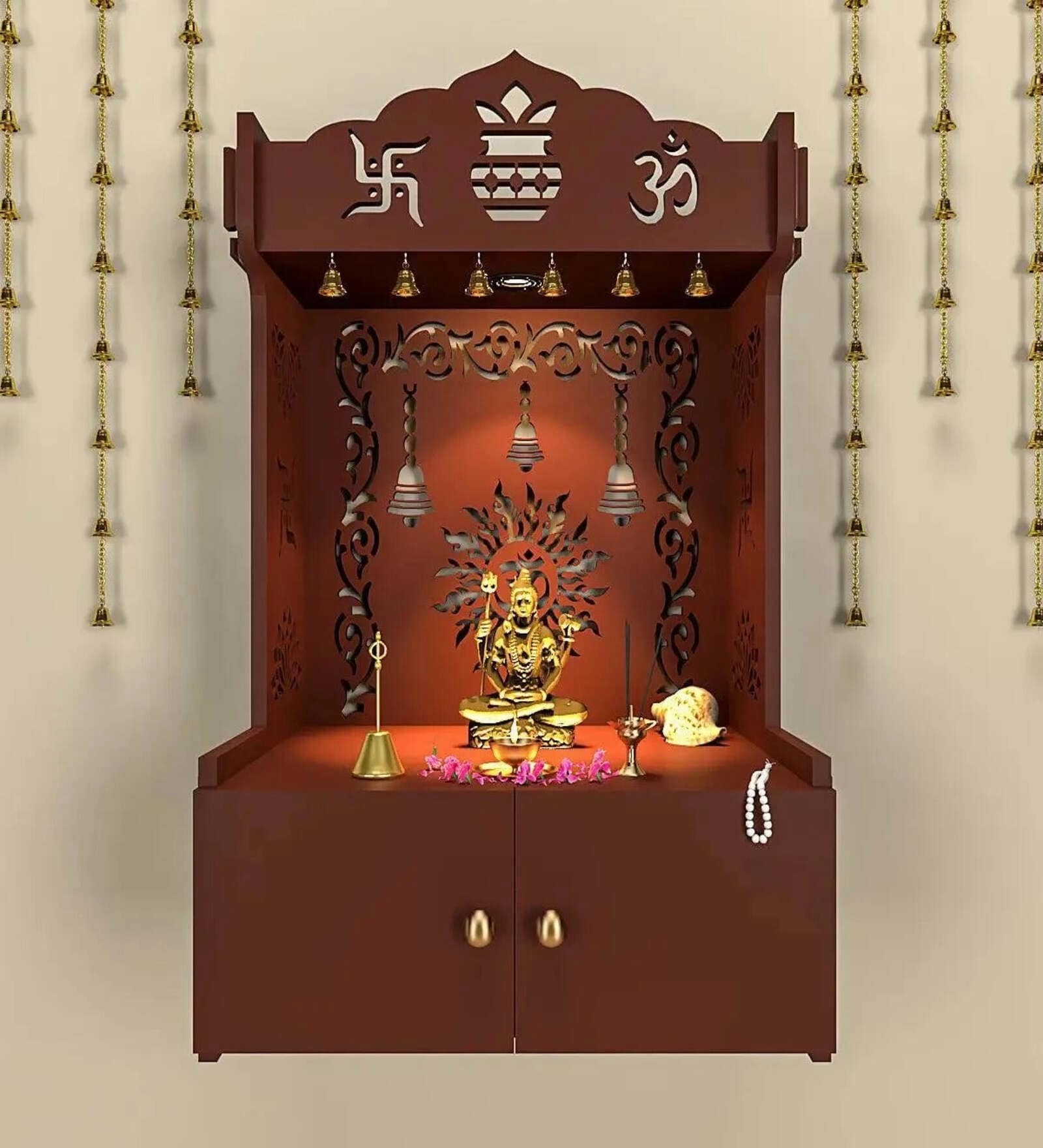 Brown Wooden Wall Mounted Temple with Om-Swastik Carving Pooja Mandir for Home