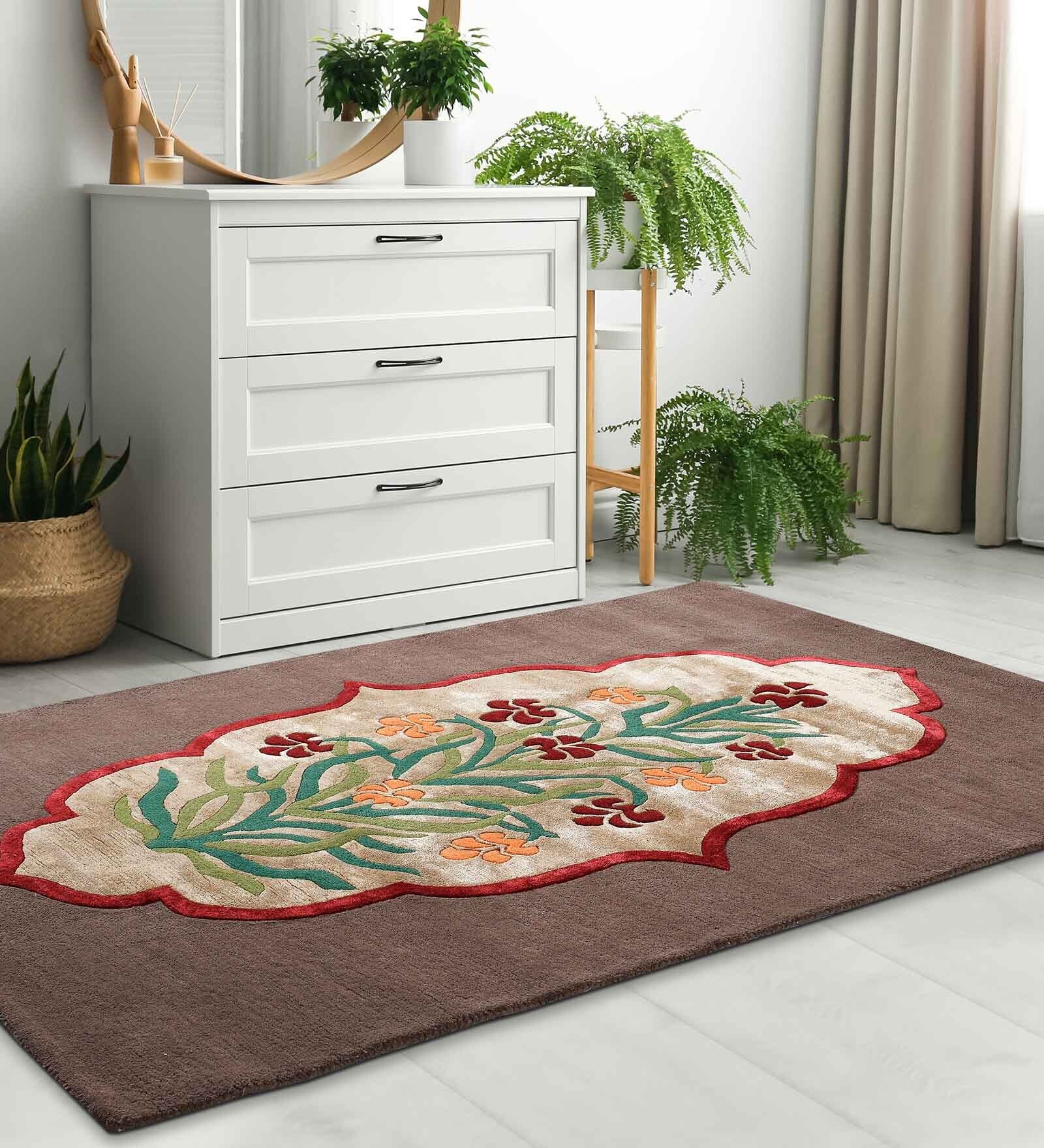 Buy Brown Wool And Art Silk  Floral 5 x 7 Feet Hand Tufted Carpet