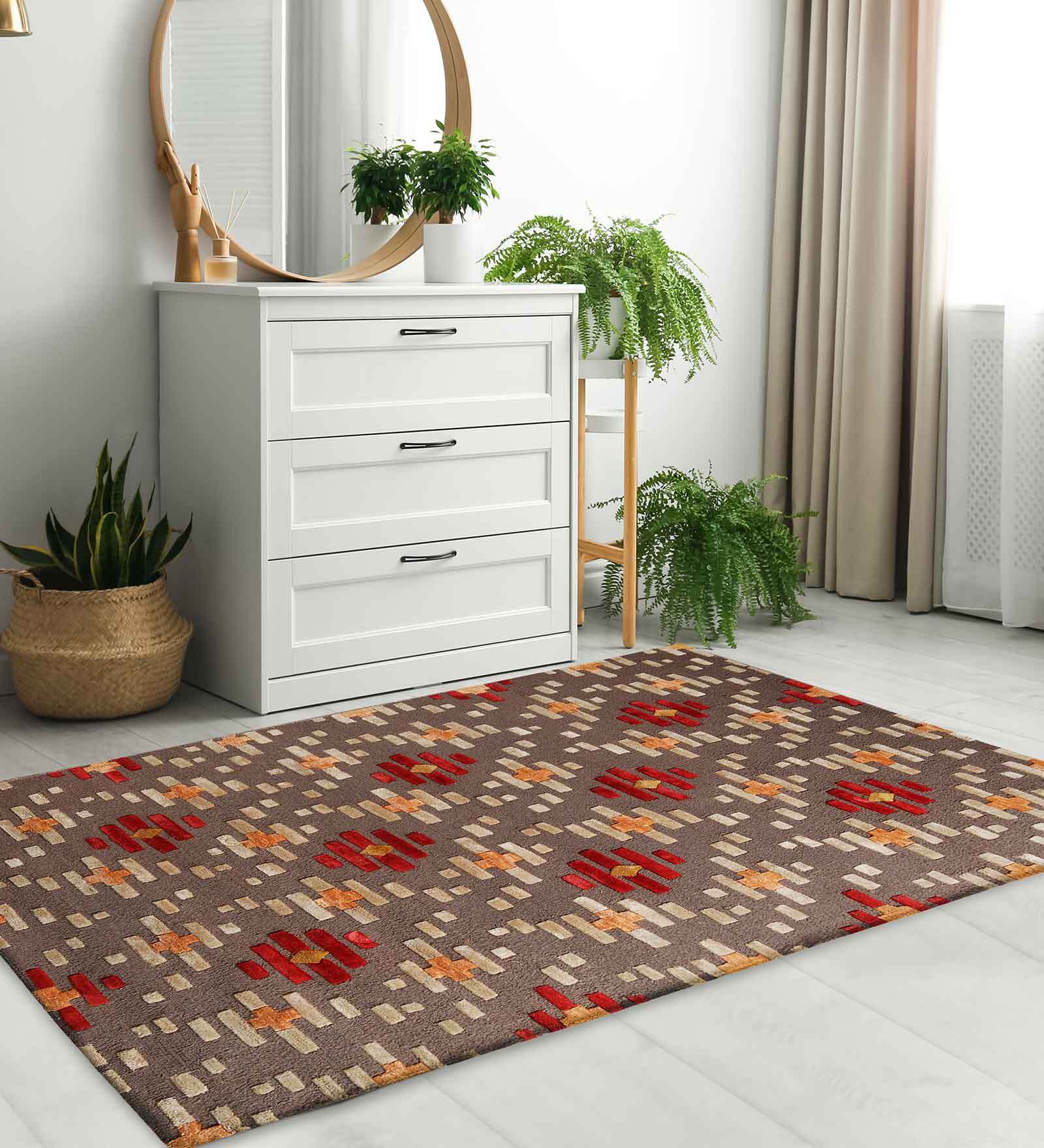 Buy Brown Wool And Art Silk Abstract 5 x 7 Feet Hand Tufted Carpet