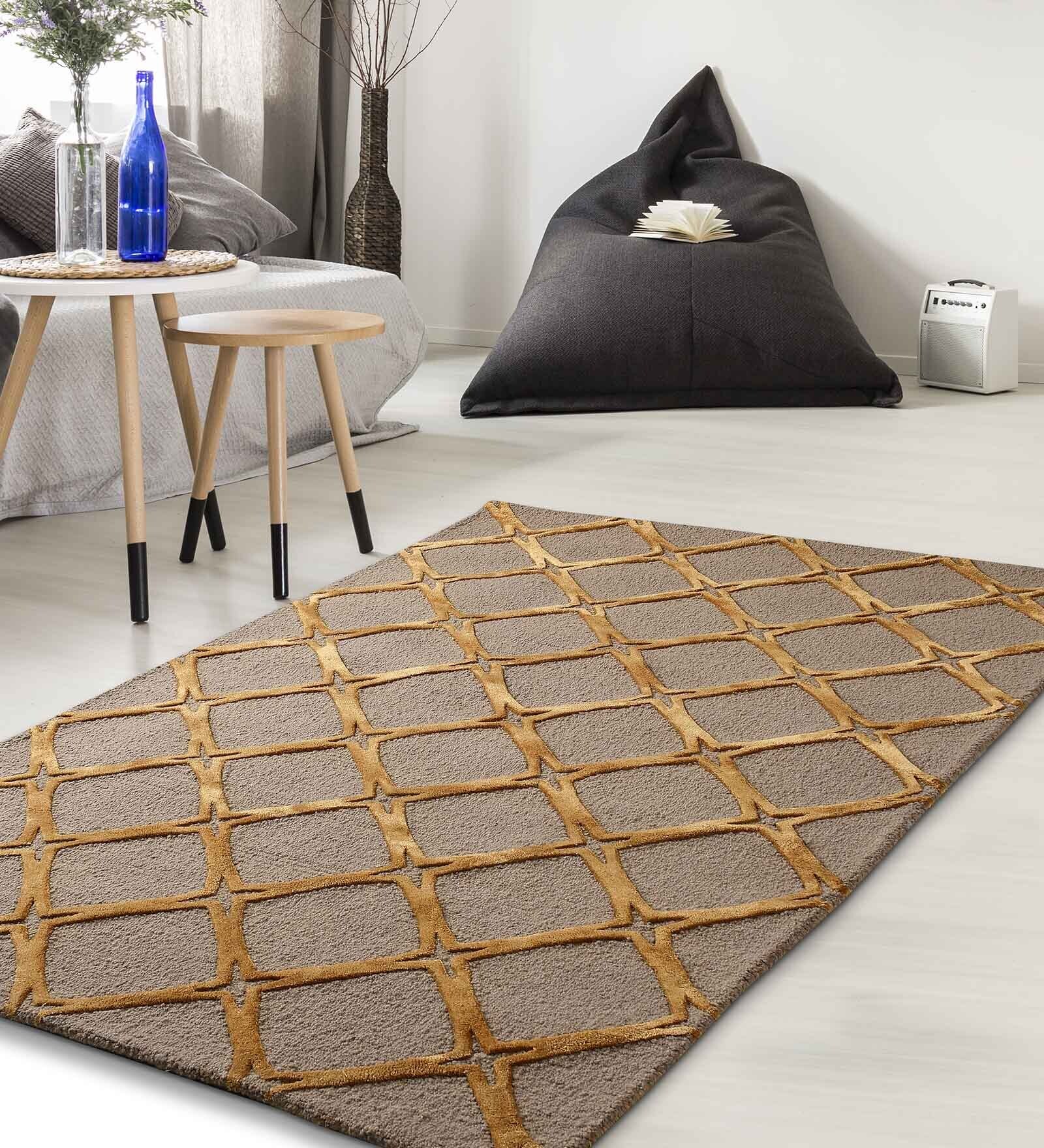 Buy Brown Wool And Art Silk Geometric 5 x 7 Feet Hand Tufted Carpet