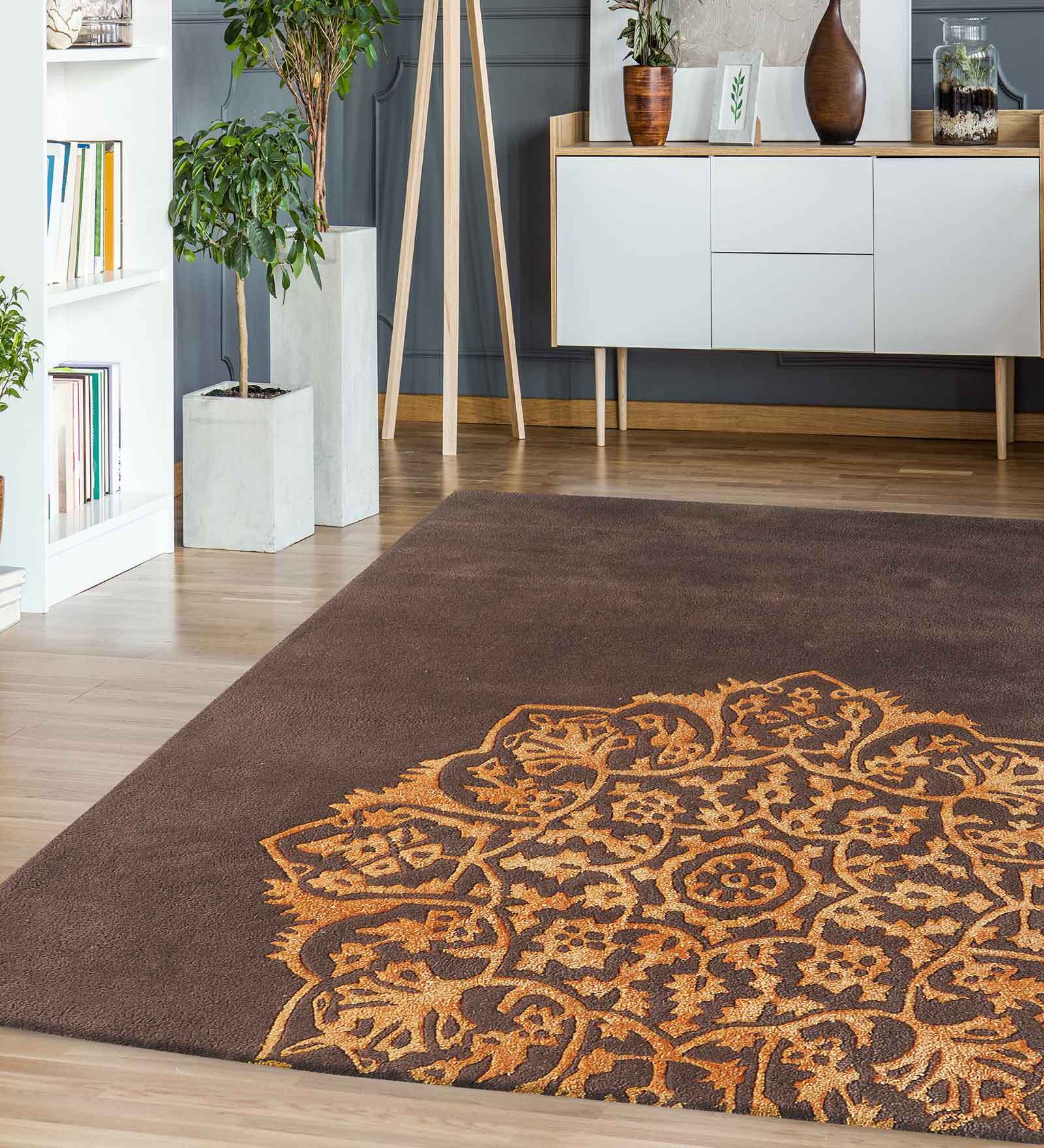 Buy Brown Persian Wool and Art Silk 4 ft x 6 ft Hand Tufted Carpet