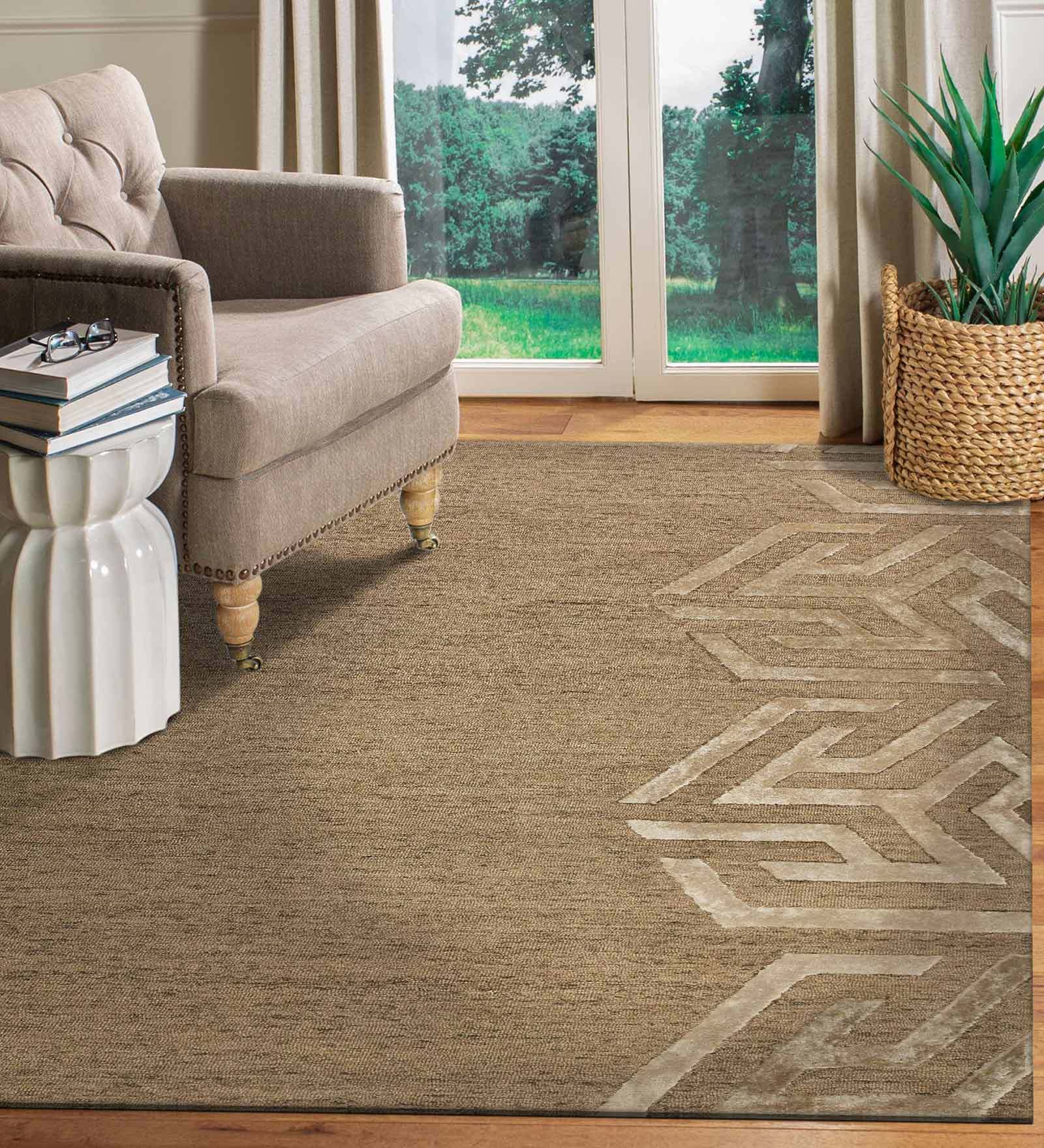 Brown Abstract Blended Wool 8 ft x 10 ft Hand Tufted Carpet