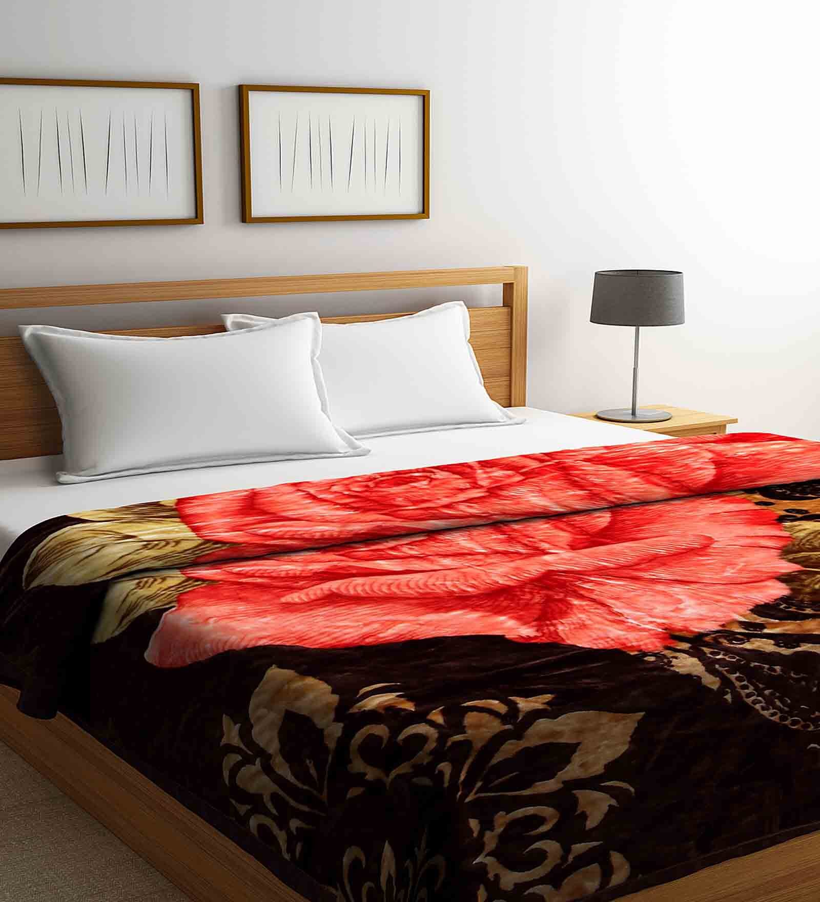 Brown Floral Wool 600 GSM Double Bed Blanket