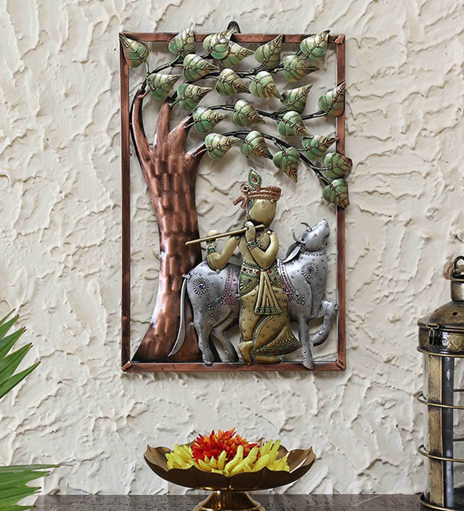 Wrought Iron Lord Krishna Wall Art In Brown