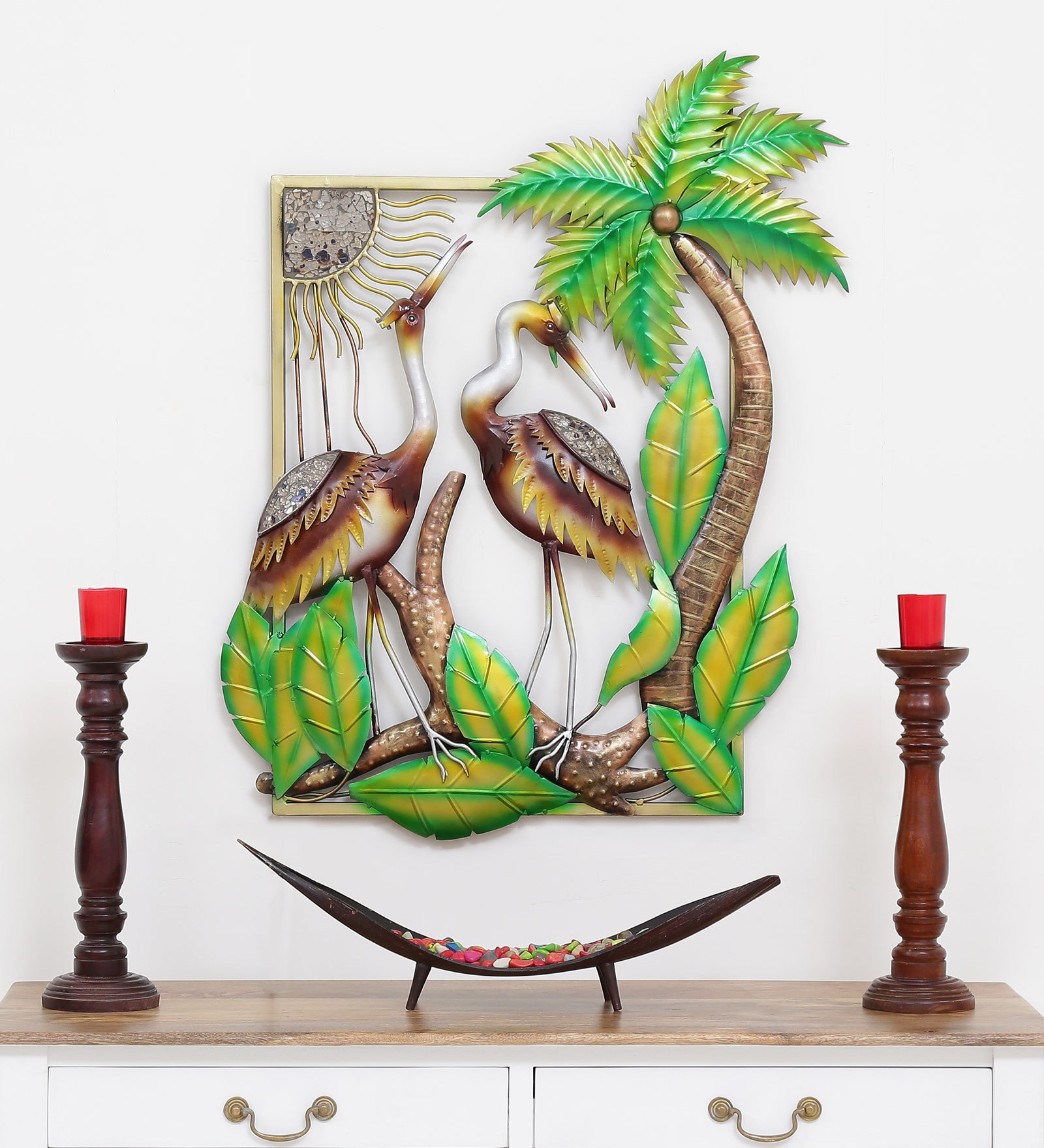 Brown Metal Led Coconut Tree Frame With Heron Wall Art
