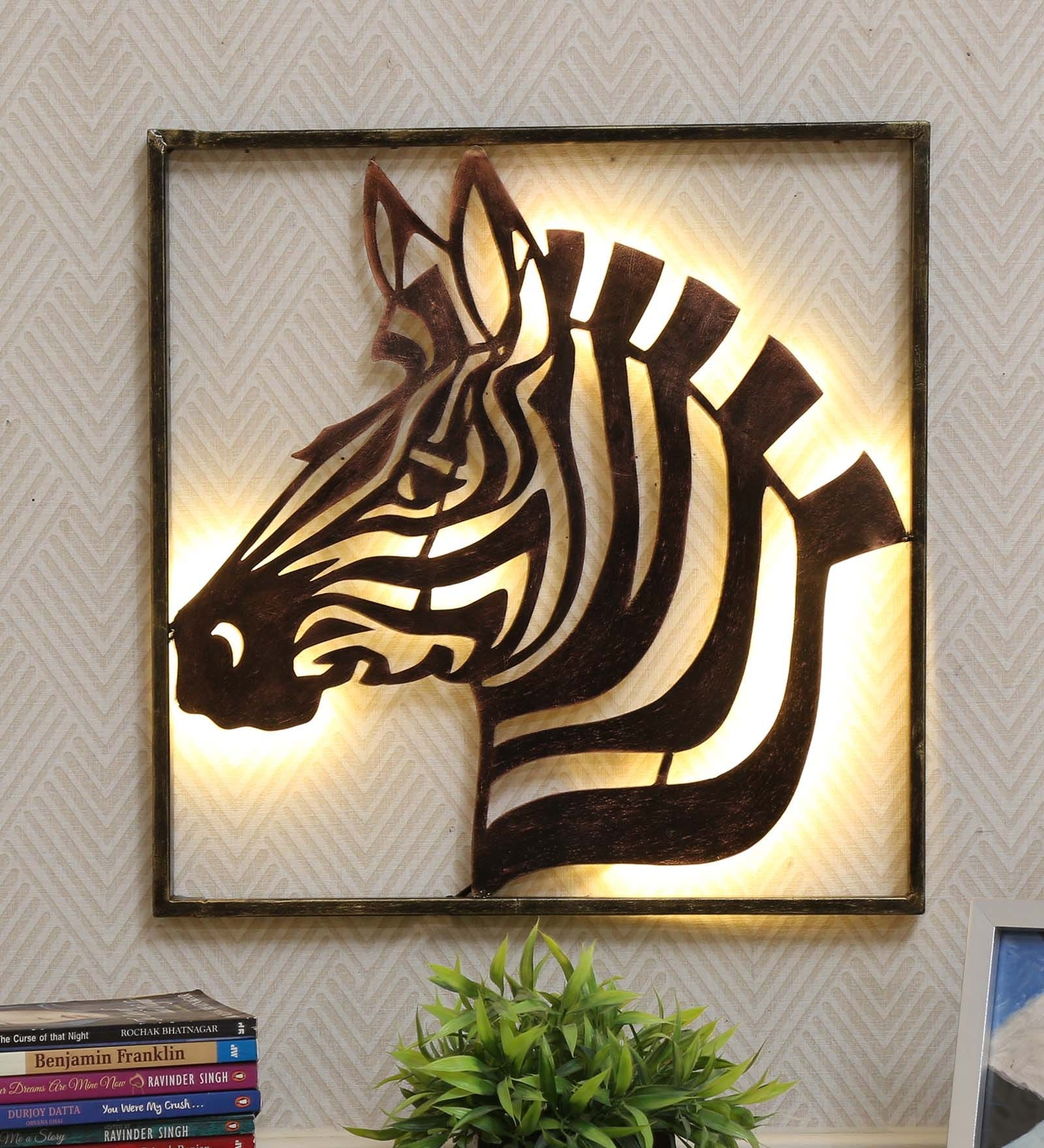 Wrought Iron Zebra Frame In Brown With Led Wall Art