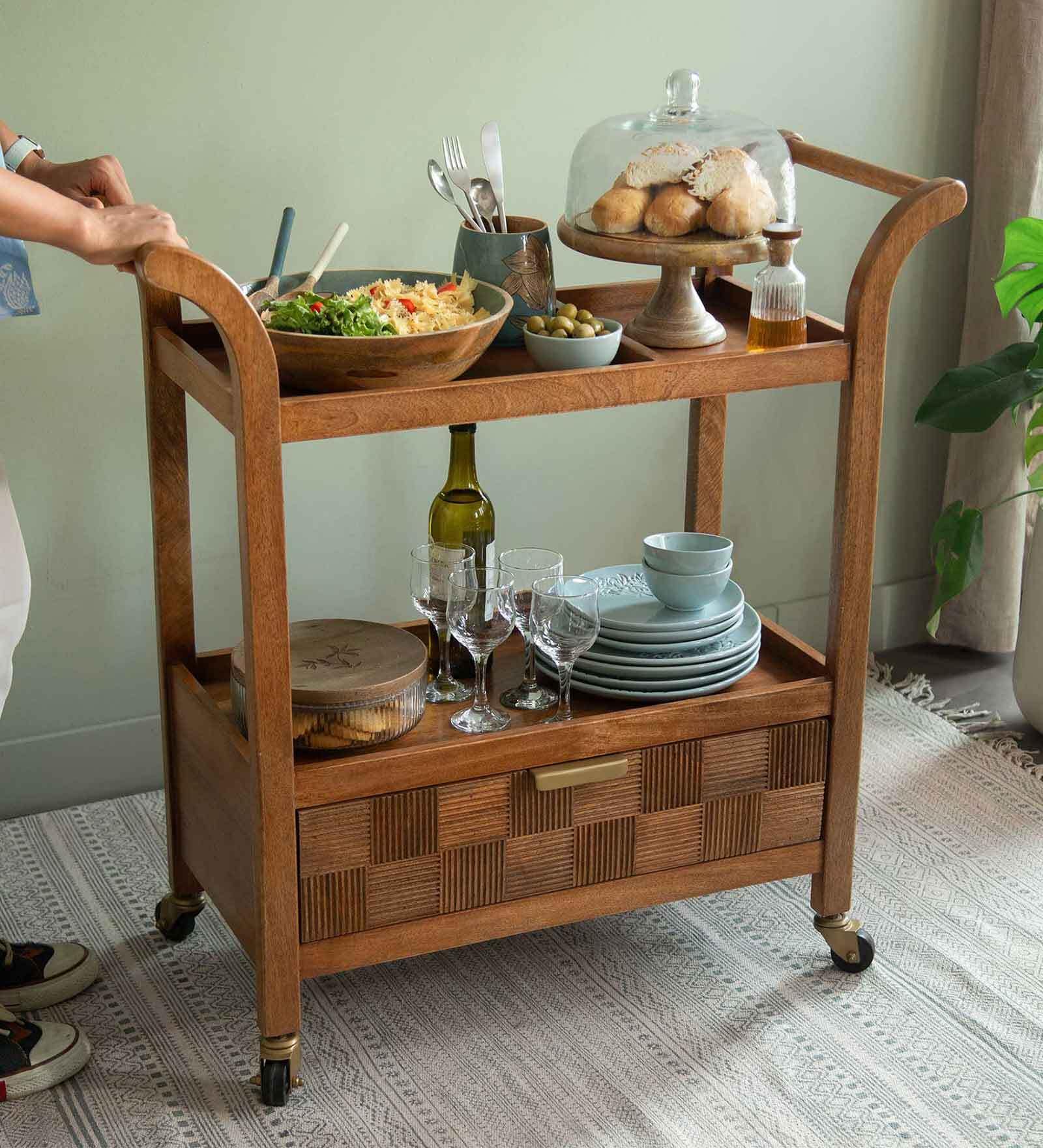 Bruno Solid Wood Bar Trolley in Brown Colour