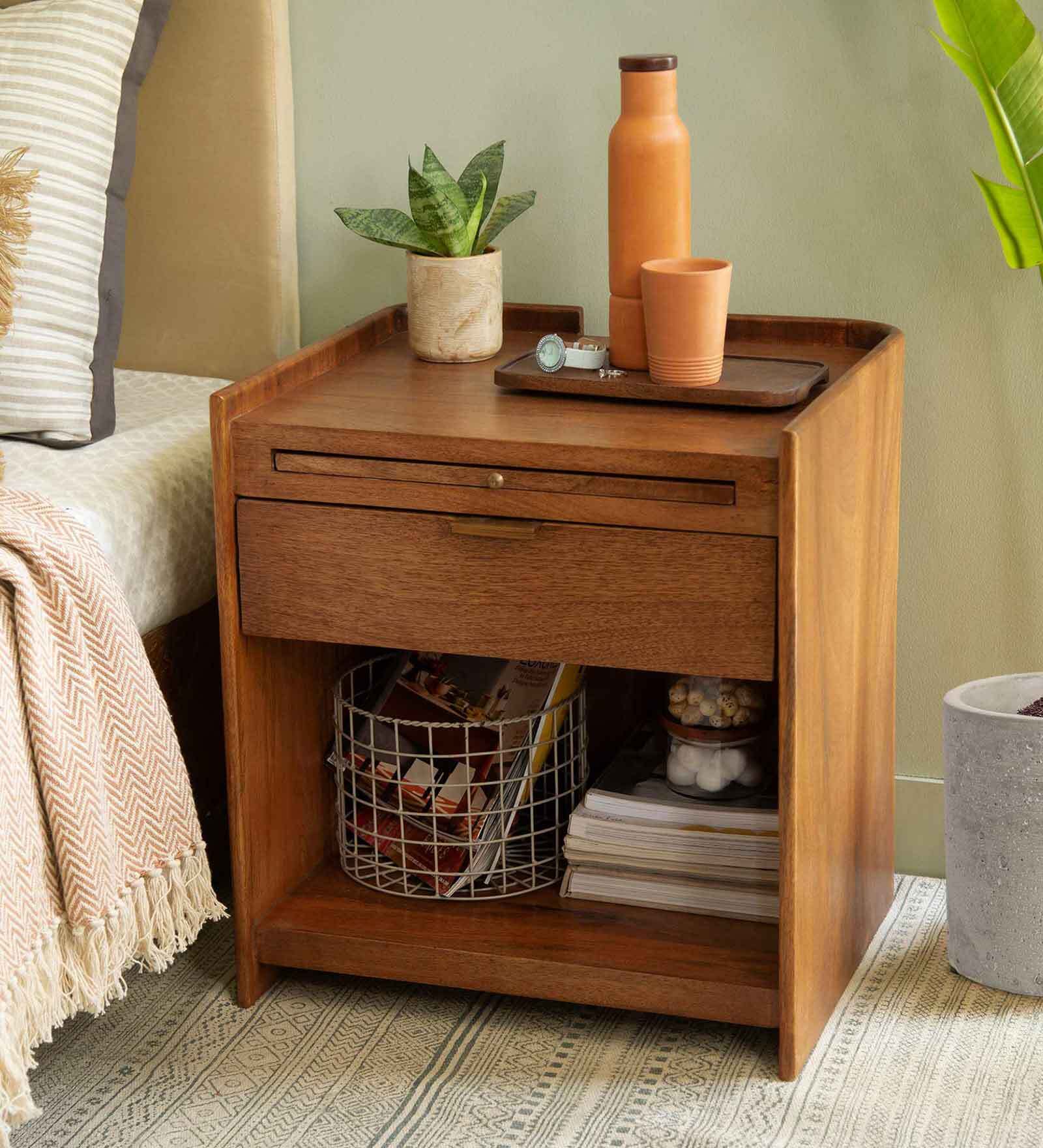 Bruno Solid Wood Night Stand With Drawer In Brown Colour