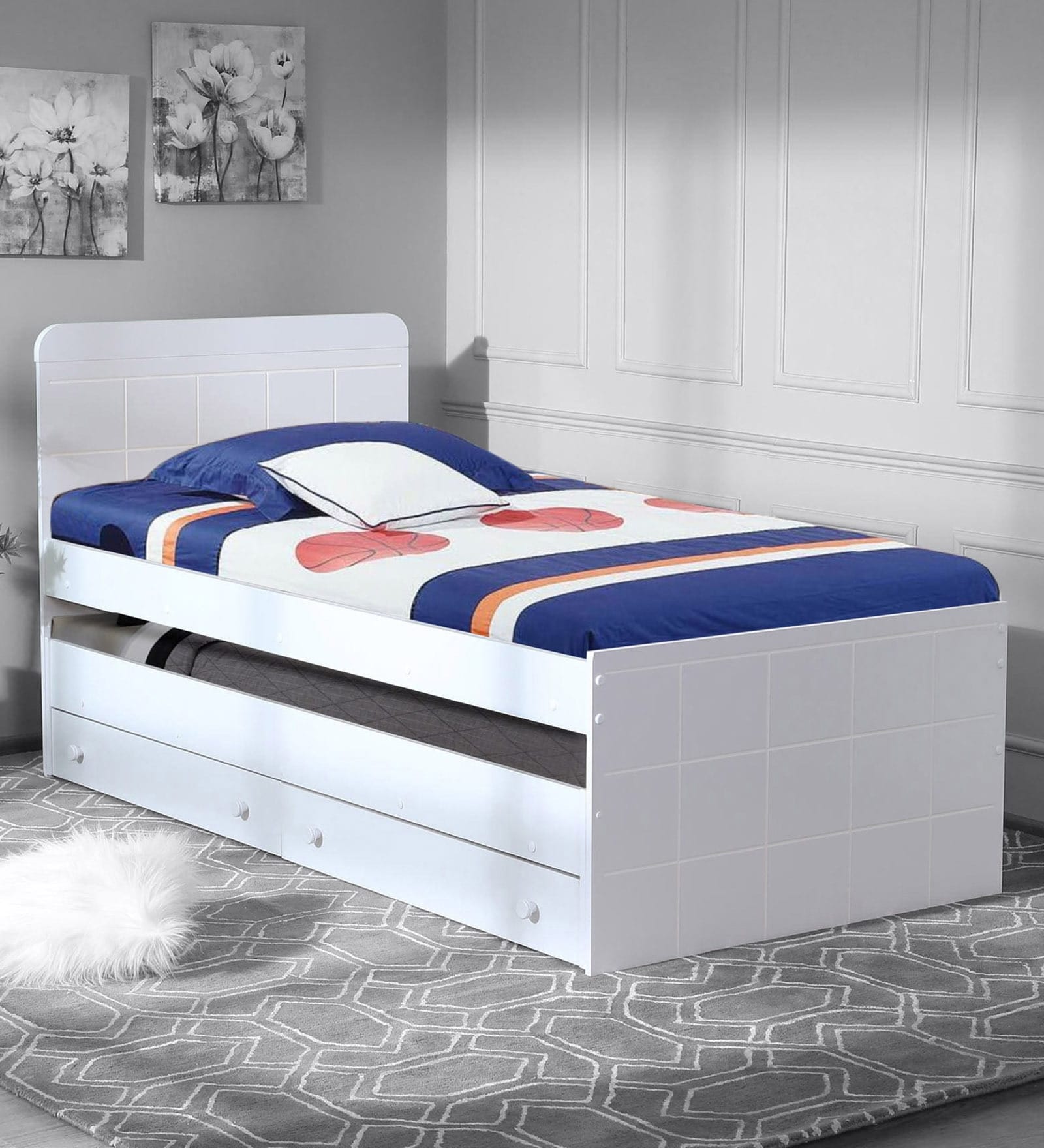 Bruno Single Bed with Pull Out & Storage in White Finish