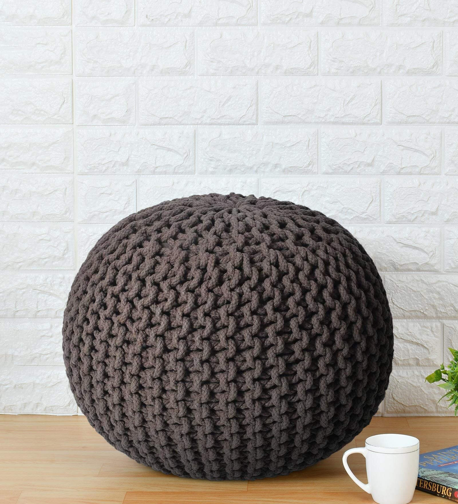 Brylane Knitted Pouffe in Brown Colour Brylane Knitted Pouffe in Brown Colour