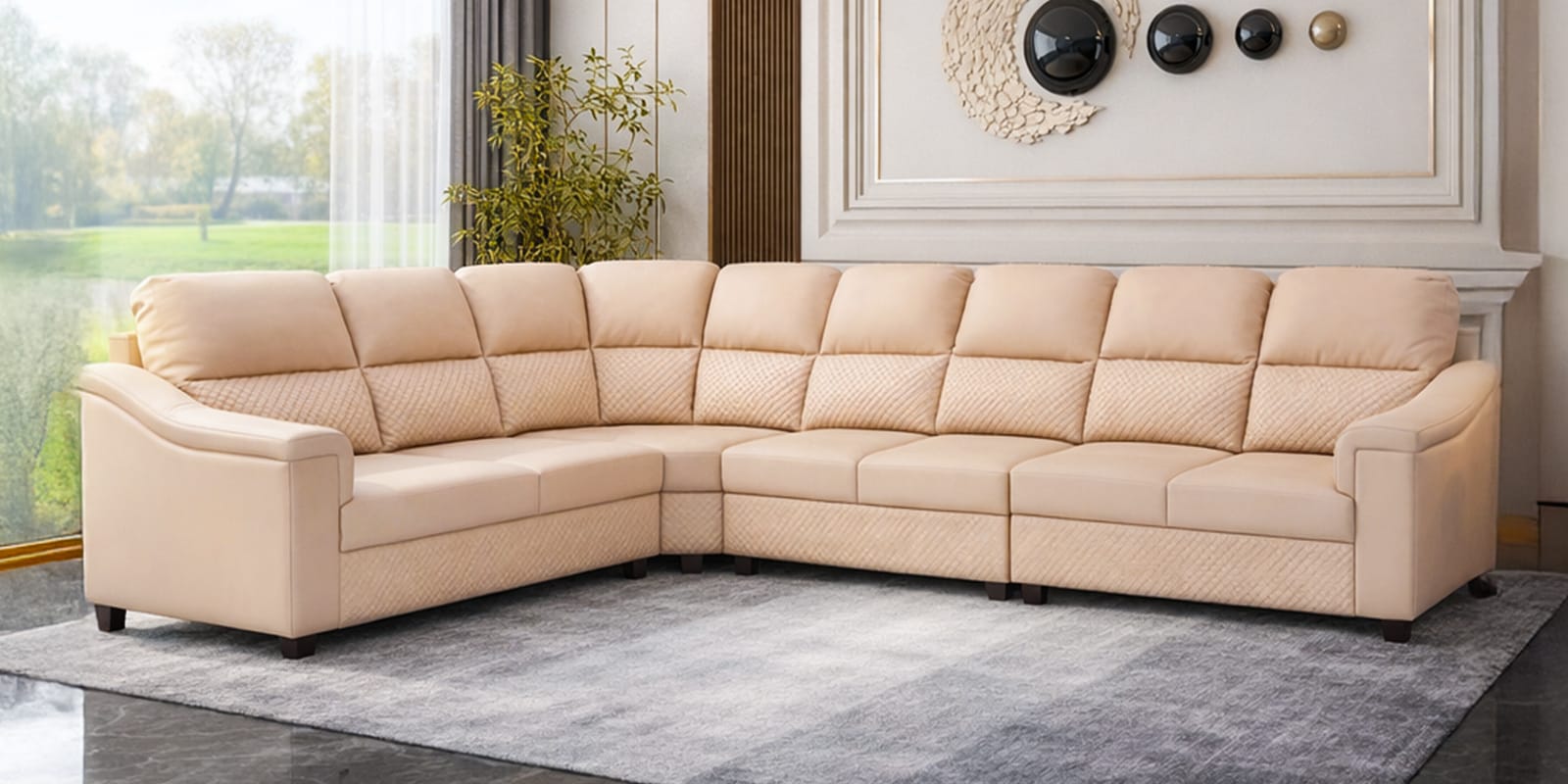 Bravelle Leatherette RHS Sectional Sofa in Cream Colour
