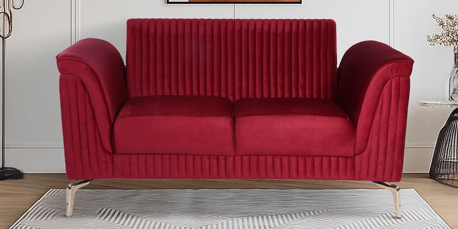 Brio Velvet Fabric 2 Seater Sofa in Textured Red Color