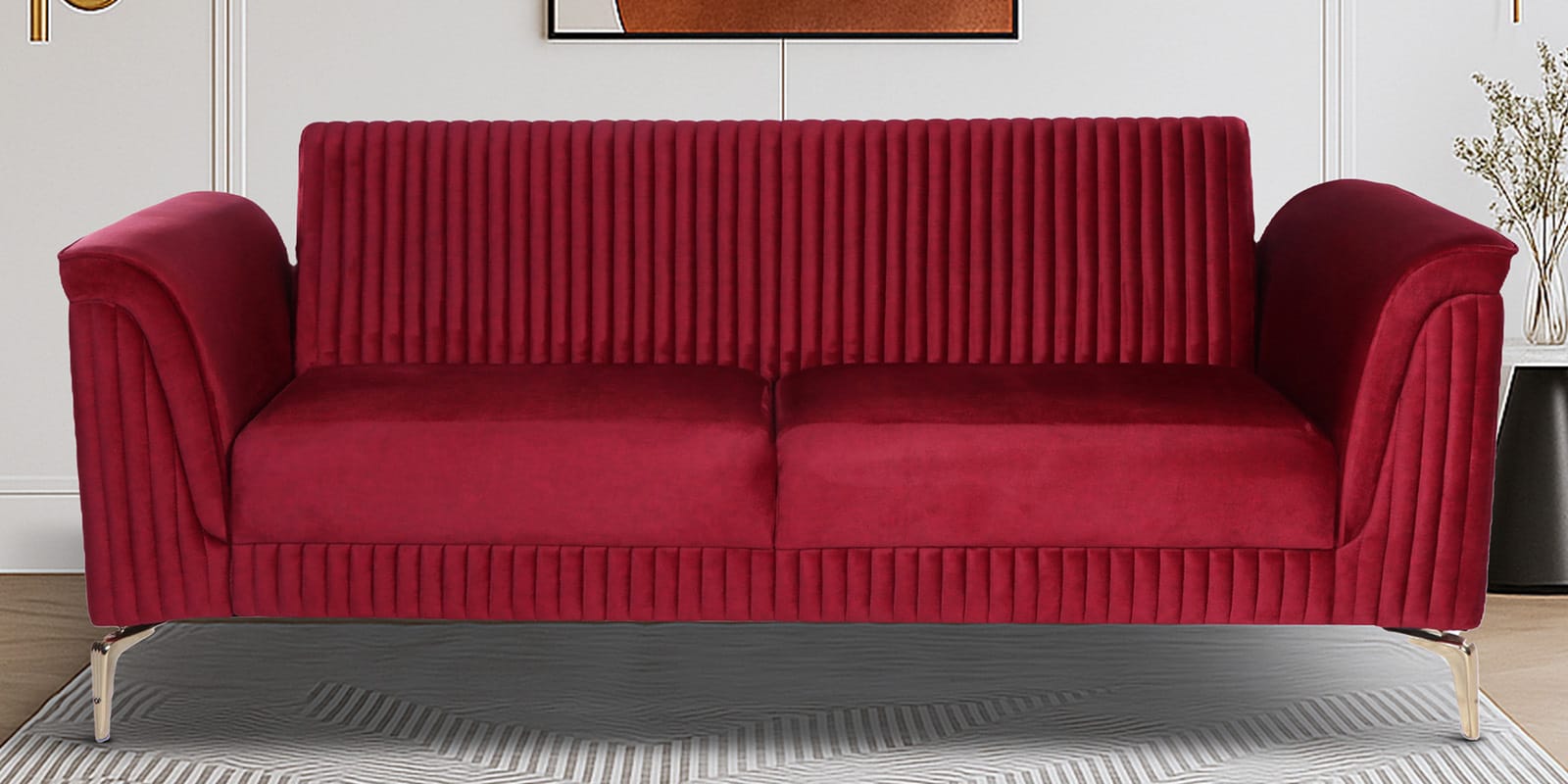 Brio Velvet Fabric 3 Seater Sofa in Textured Red Color