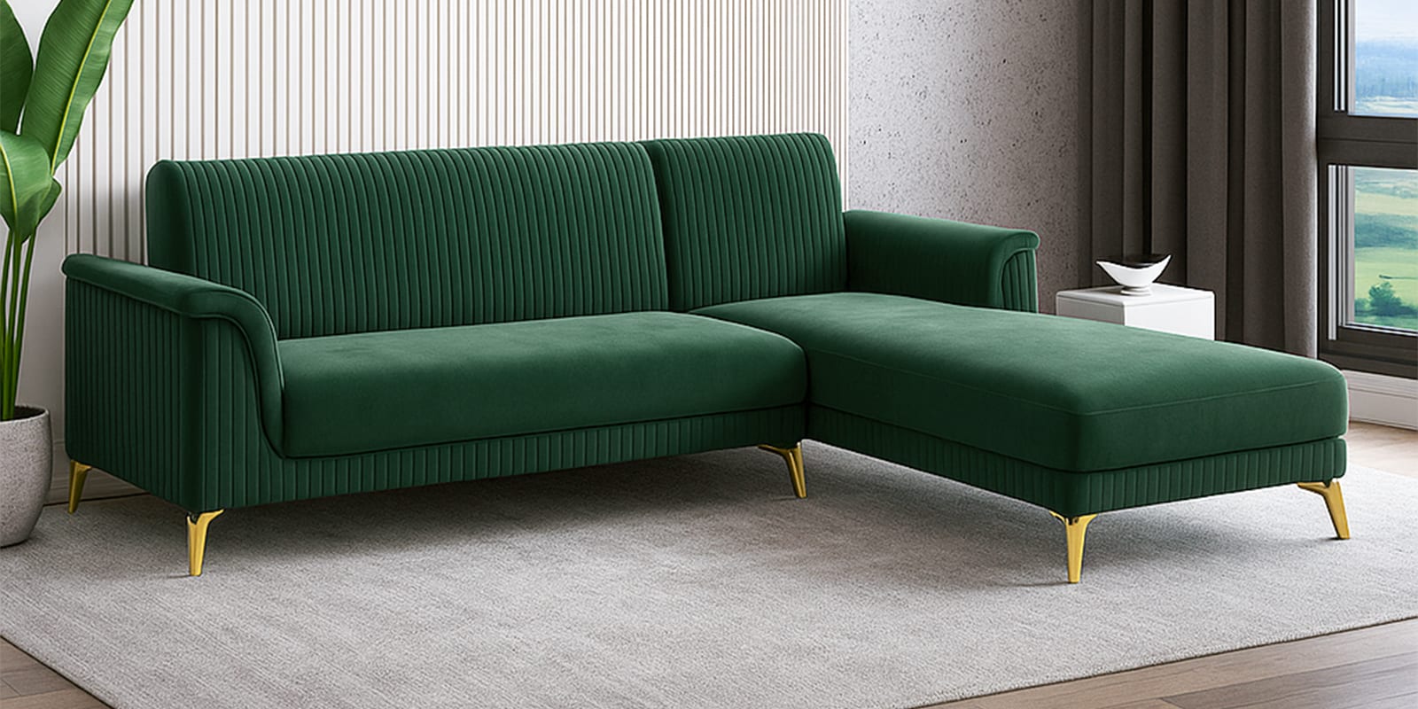Brio Velvet Fabric LHS Sectional Sofa (3 + Lounger) in Textured Green Color