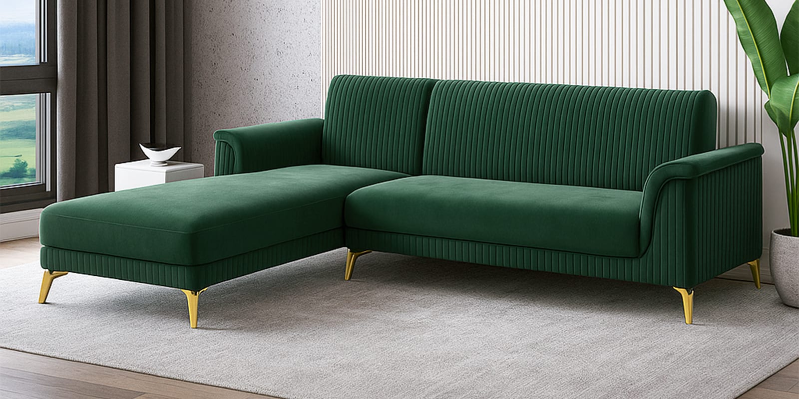 Brio Velvet Fabric RHS Sectional Sofa (3 + Lounger) in Textured Green Color