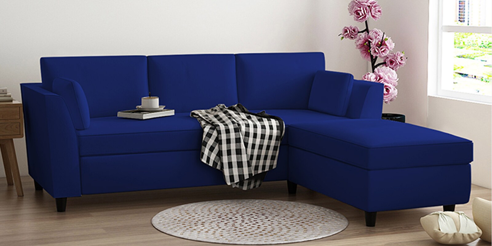 Bristo Velvet LHS 4 Seater Sectional Sofa In Indigo Blue Colour