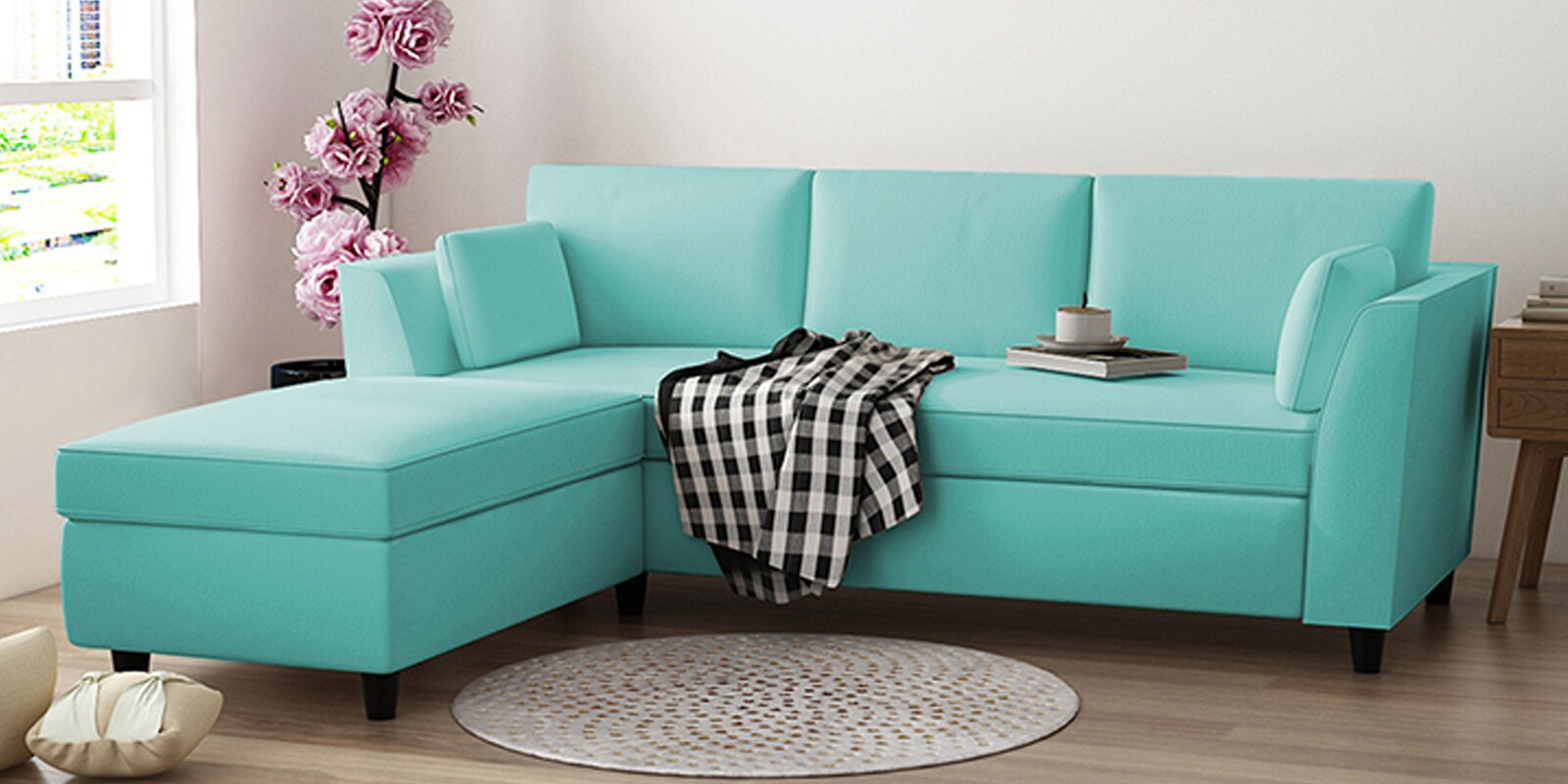 Buy Bristo Velvet RHS 4 Seater Sectional Sofa In Barmuda Aqua Colour at 68 OFF by Febonic