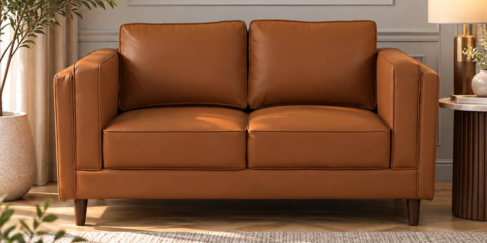 Brookly Leatherette 2 Seater Sofa In Tan Colour