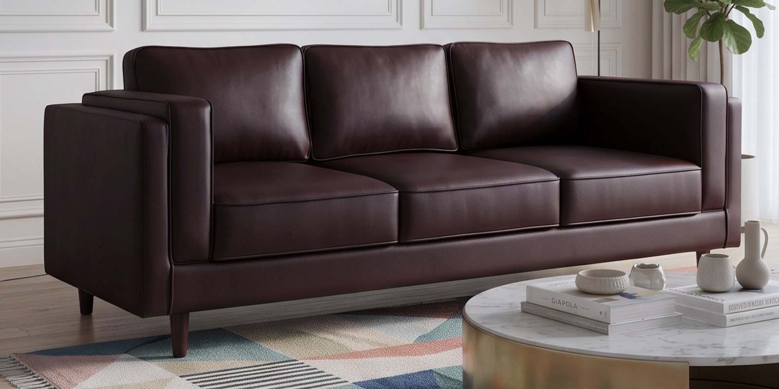 Brookly Leatherette 3 Seater Sofa In Brown Colour