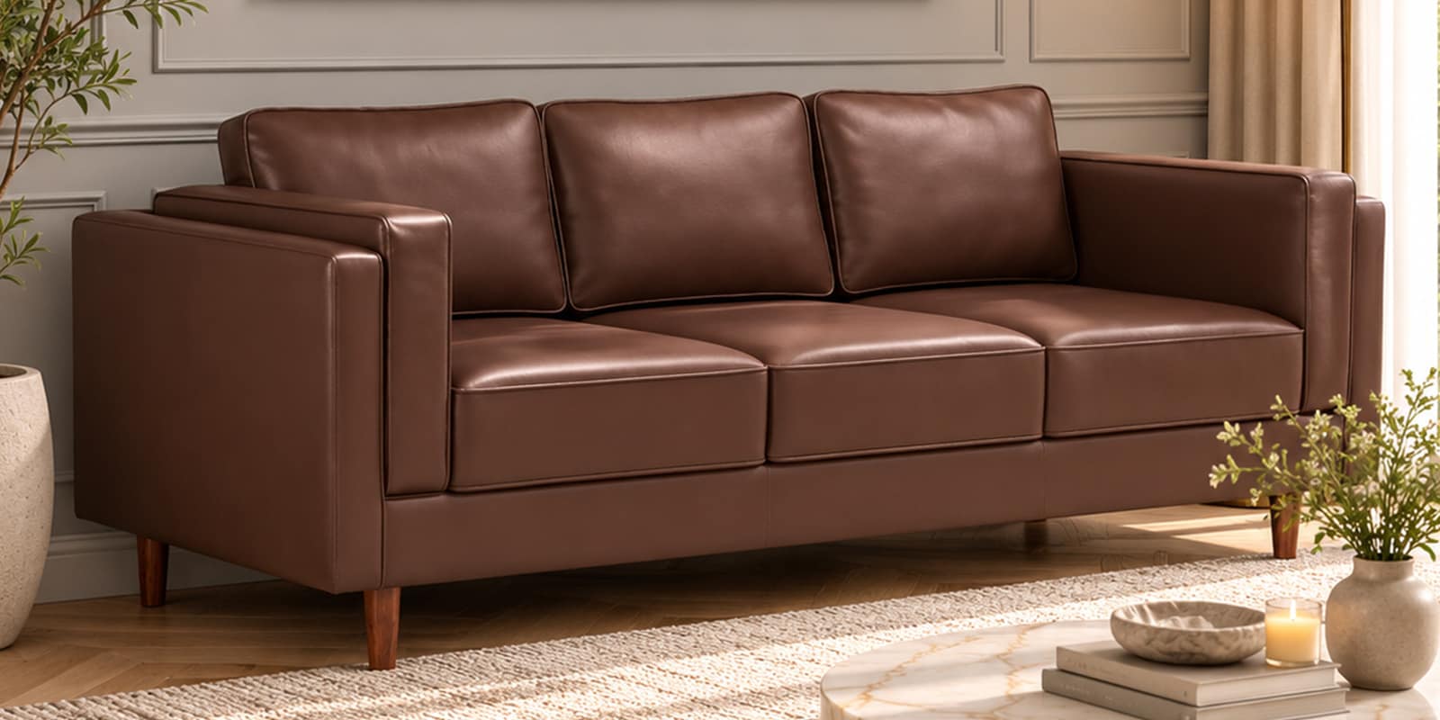 Brookly Leatherette 3 Seater Sofa In Brown Colour