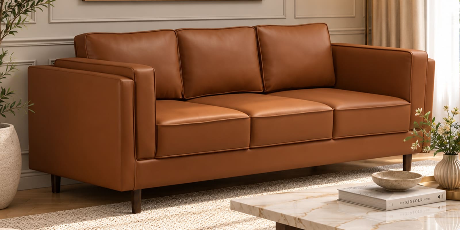 Brookly Leatherette 3 Seater Sofa In Tan Colour