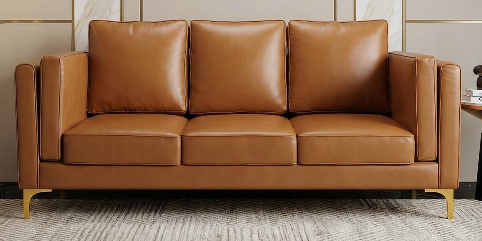 Brookly Leatherette 3 Seater Sofa In Tan Colour