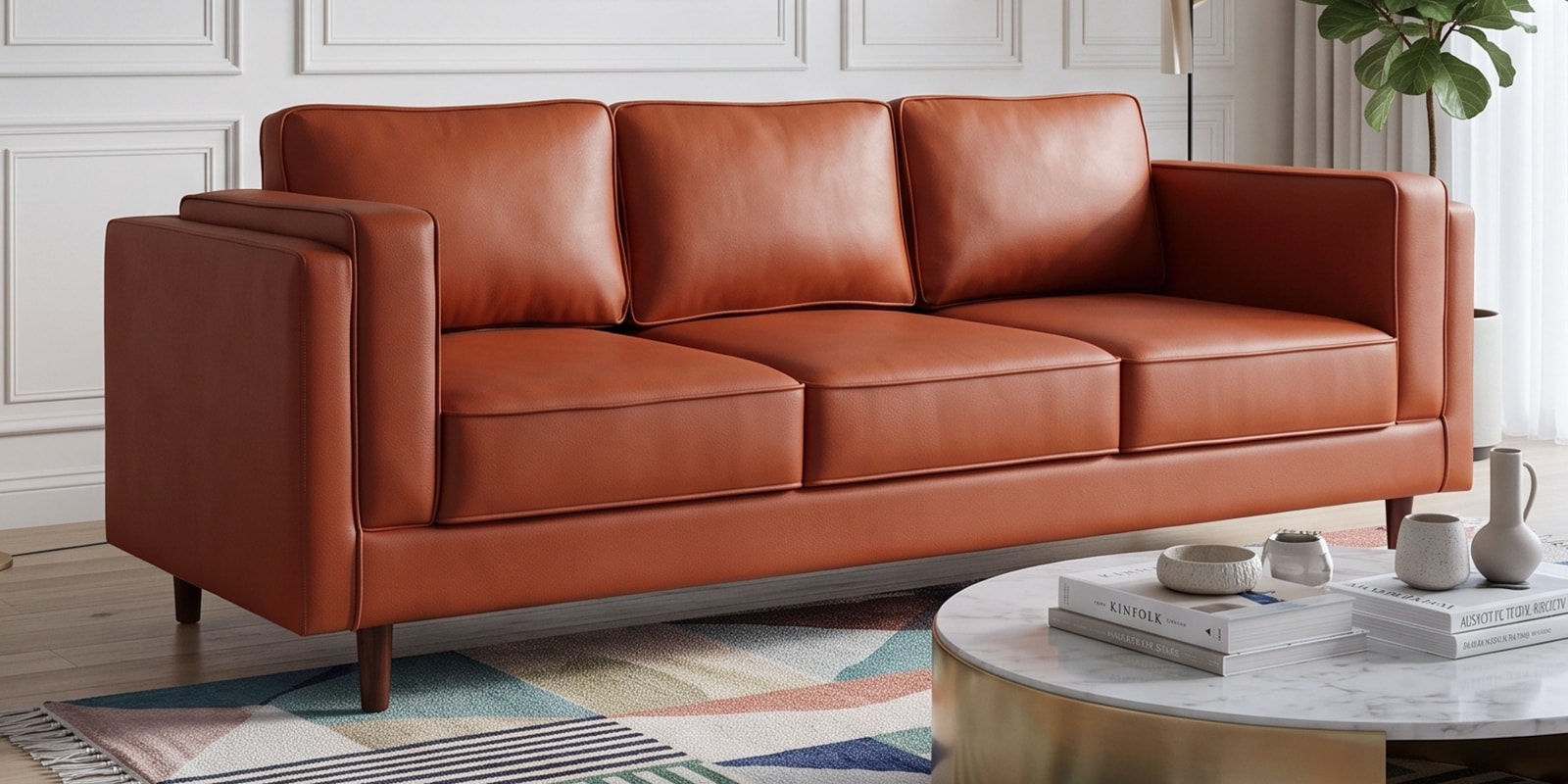 Brookly Leatherette 3 Seater Sofa In Tan Colour