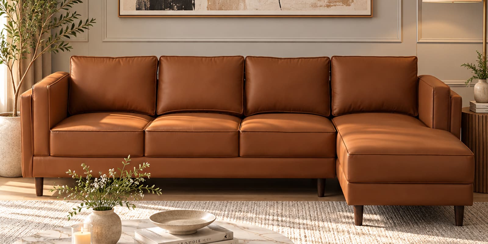 Brookly Leatherette LHS Sectional Sofa (3 + Lounger) In Tan Colour