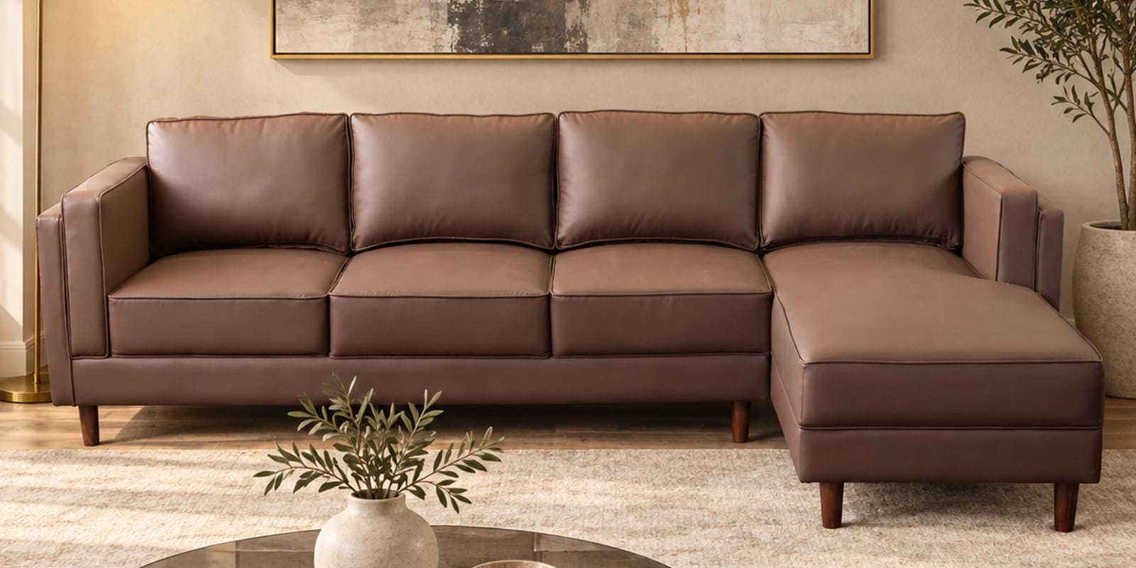 Brookly Leatherette LHS Sectional Sofa In Brown Colour