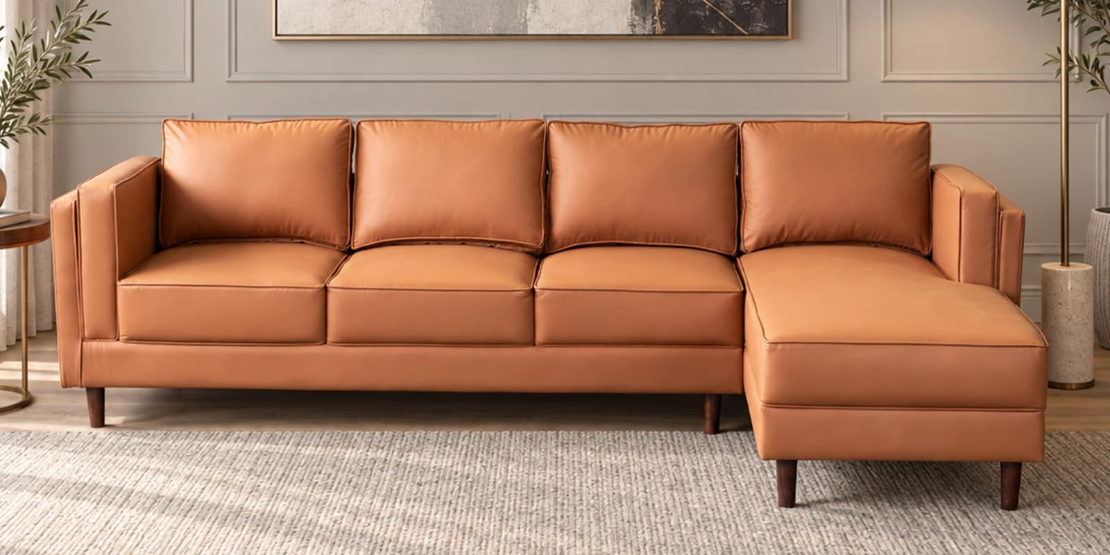 Brookly Leatherette LHS Sectional Sofa In Tan Colour