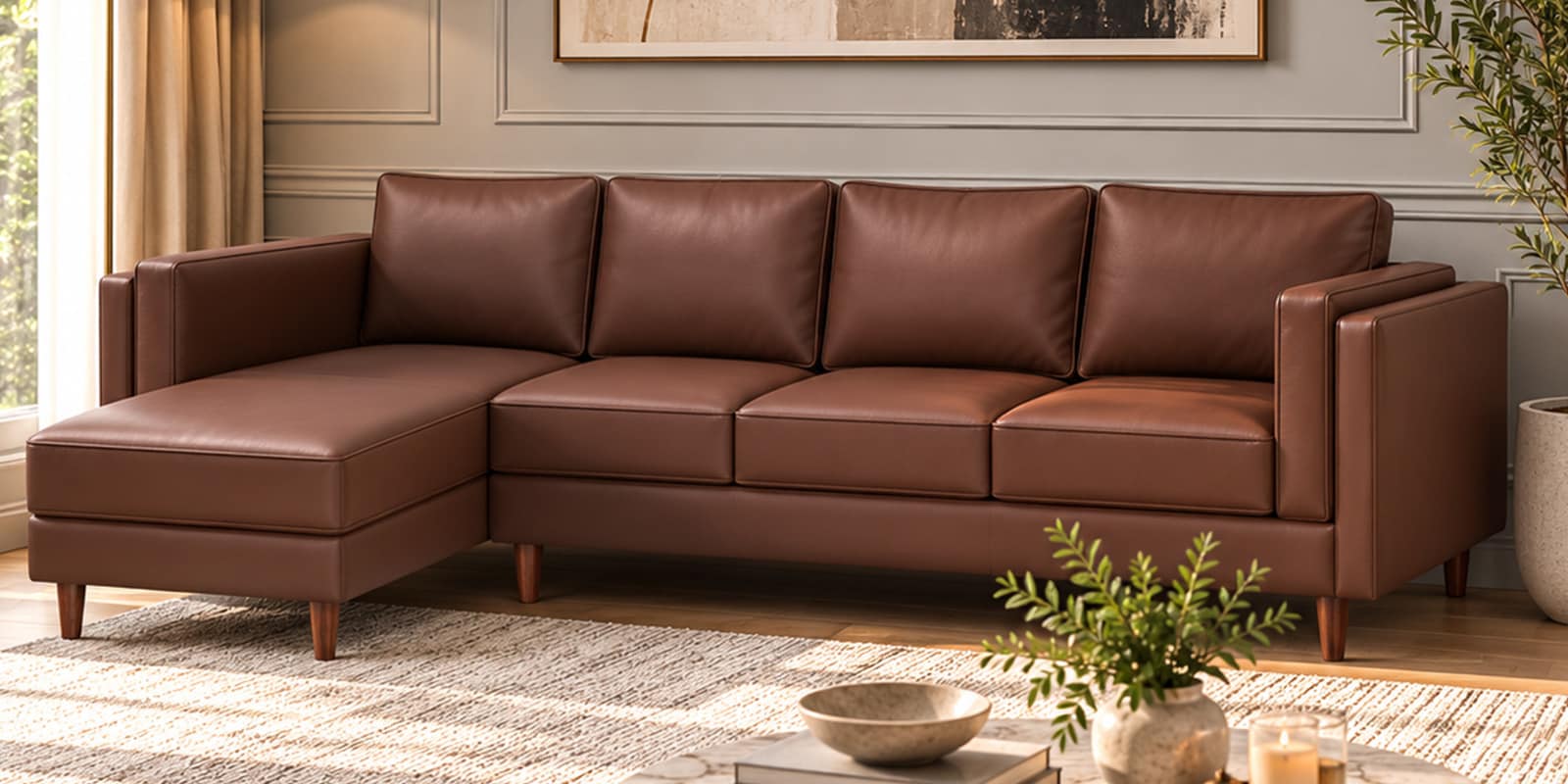 Brookly Leatherette RHS Sectional Sofa (3 + Lounger) In Brown Colour